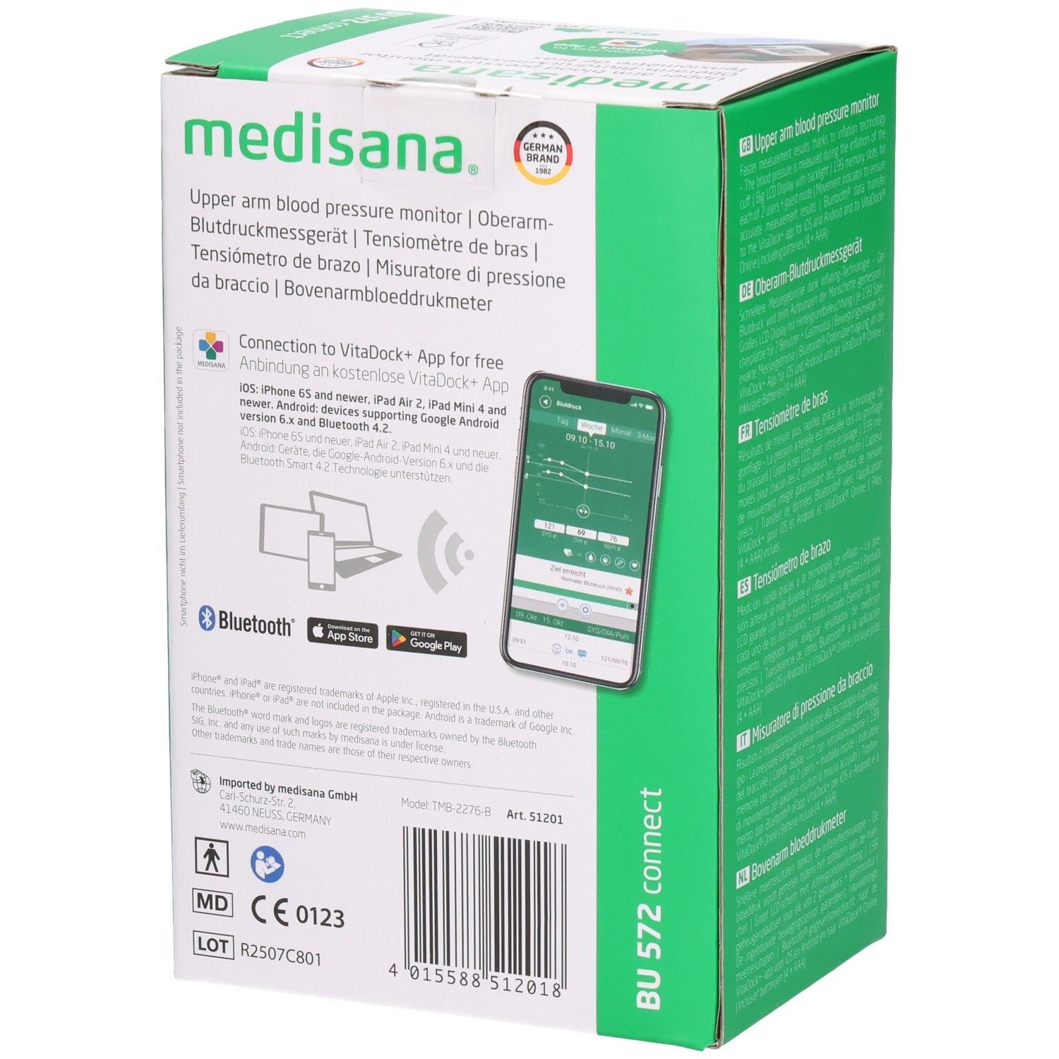 Rückseite der Verpackung. Blutdruckmessgerät-Informationen. Smartphone-App-Darstellung. Bluetooth-Logo. CE-Kennzeichnung.