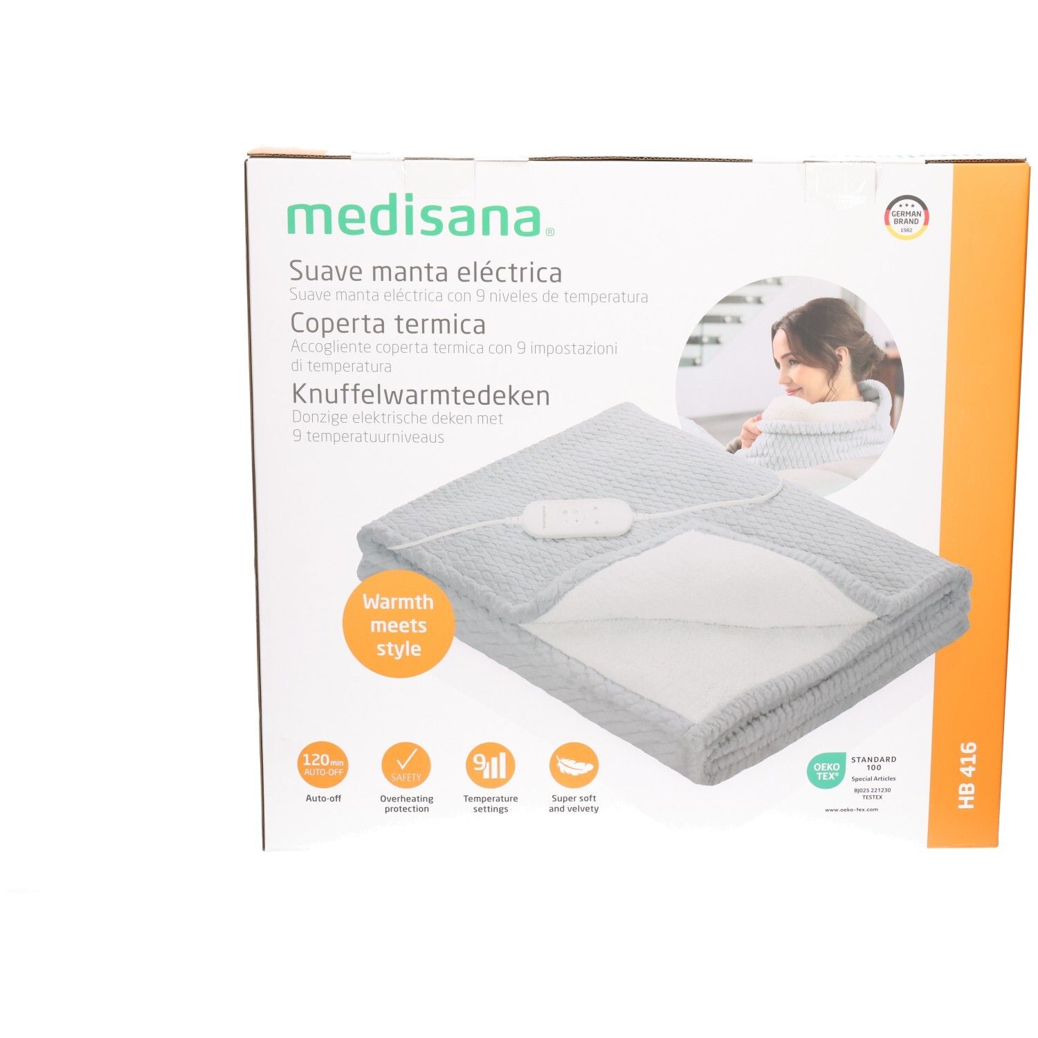 Verpackung der medisana HB 416 Heizdecke in Hellgrau mit Produktabbildung und Merkmalen.