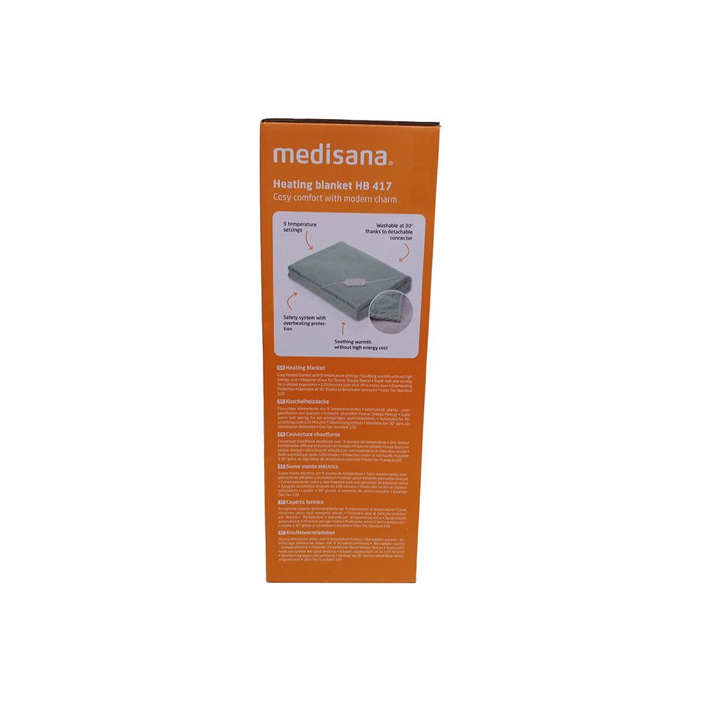 Verpackung der Heizdecke. Marke: medisana. Produktinformationen und Abbildungen. Orangefarbener Hintergrund.