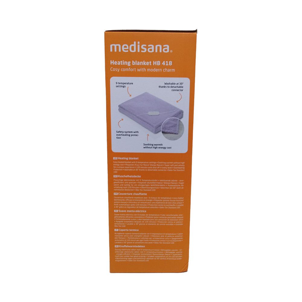 Produktverpackung. Aufdruck mit Produktinformationen und Abbildungen. Marke: medisana. Modell: HB 418.
