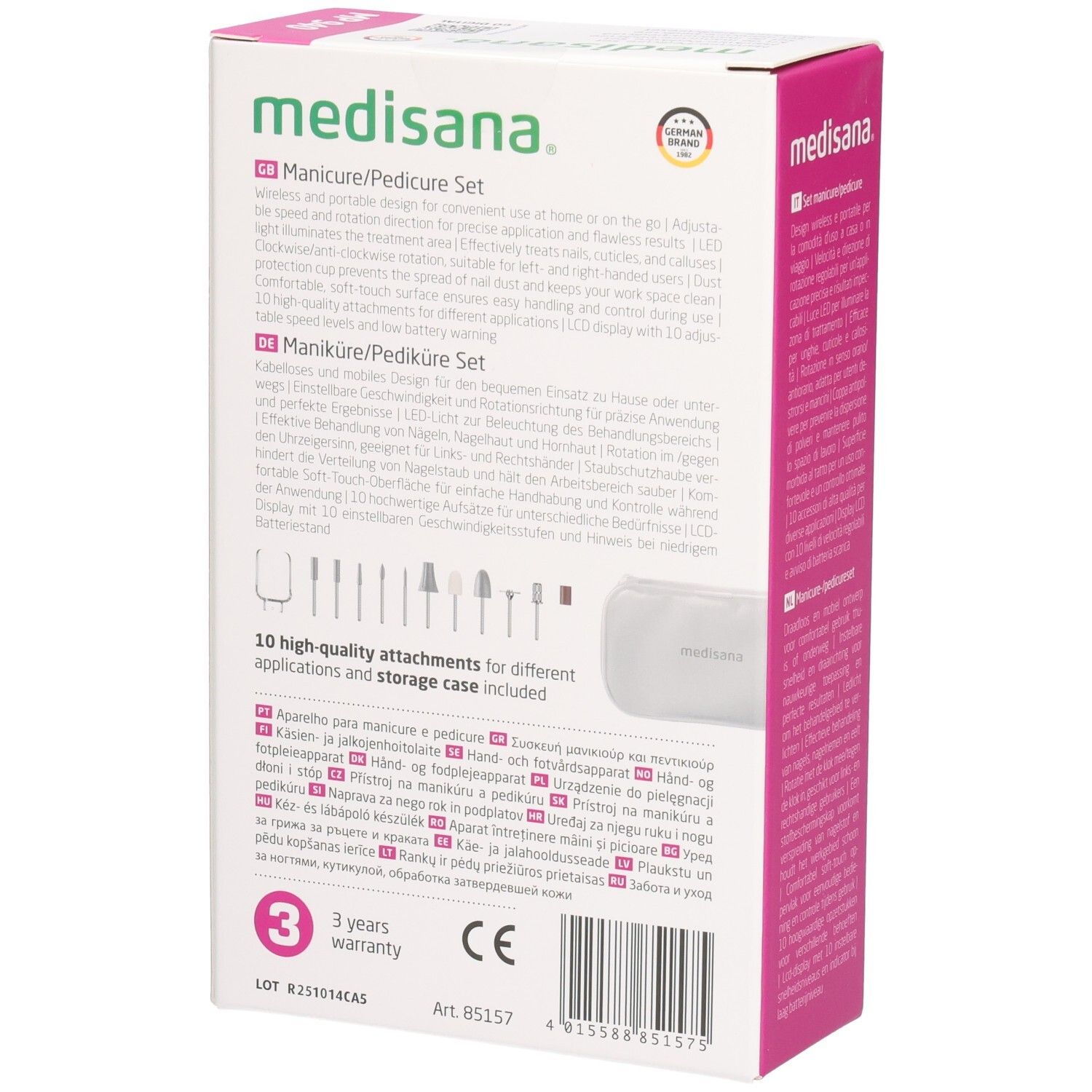 Medisana Maniküre/Pediküre Set. Rückseite der Verpackung. 10 Aufsätze, Aufbewahrungstasche. 3 Jahre Garantie. CE-Zeichen.