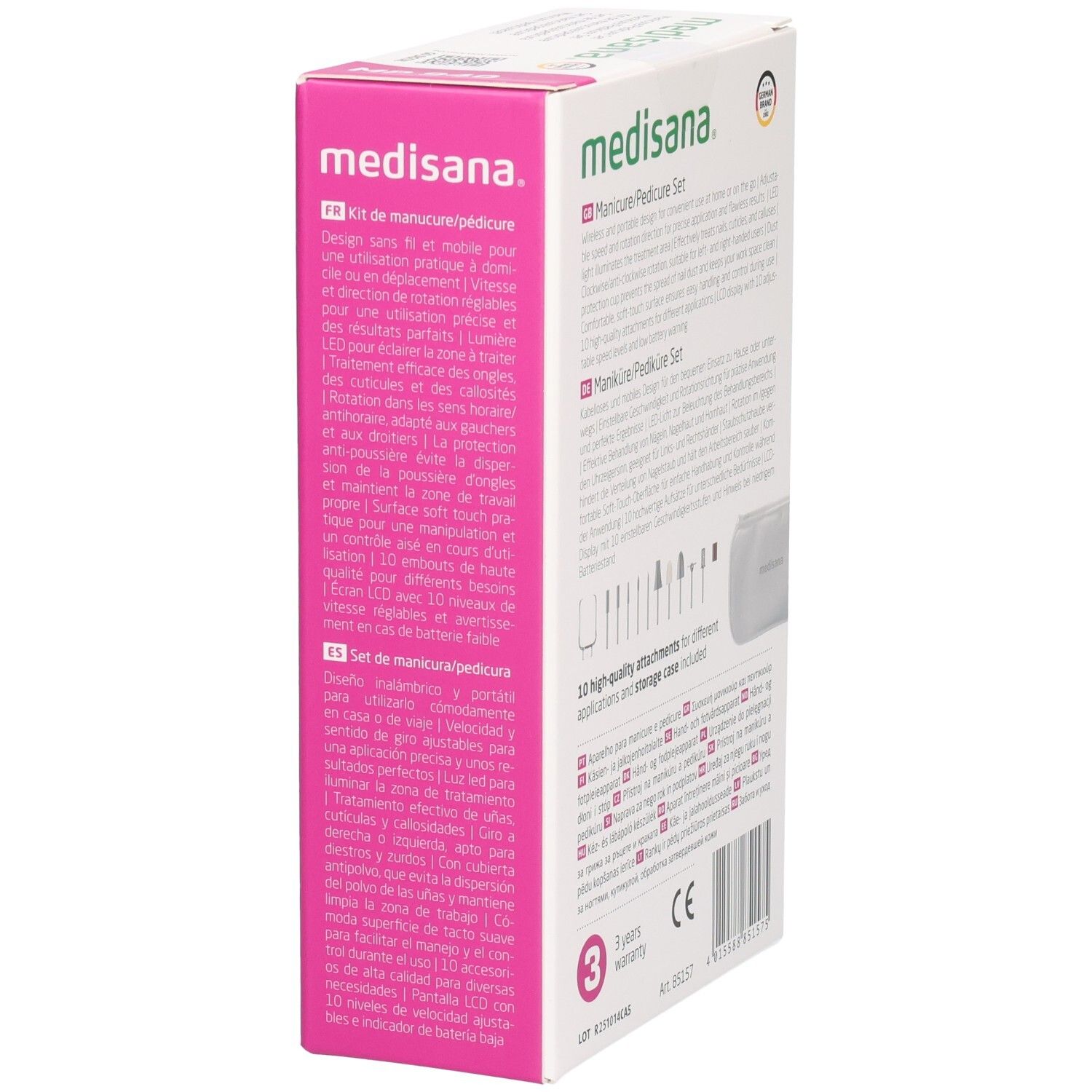 Medisana Maniküre/Pediküre Set. Verpackung, Seitenansicht. Text in Französisch, Spanisch. 10 Aufsätze. 3 Jahre Garantie.
