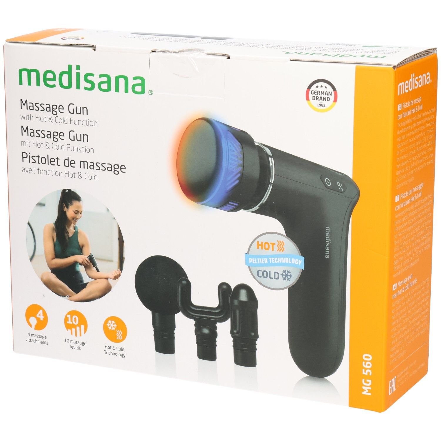 Verpackung der Massagepistole MG 560 von medisana. Enthält Massagepistole, 3 Aufsätze, und Zubehör. Mit Hot & Cold Funktion.
