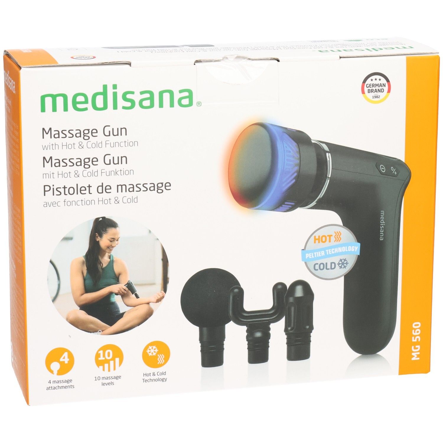Verpackung der Massagepistole MG 560 von medisana. Enthält Massagepistole, 3 Aufsätze, und Zubehör. Mit Hot & Cold Funktion.