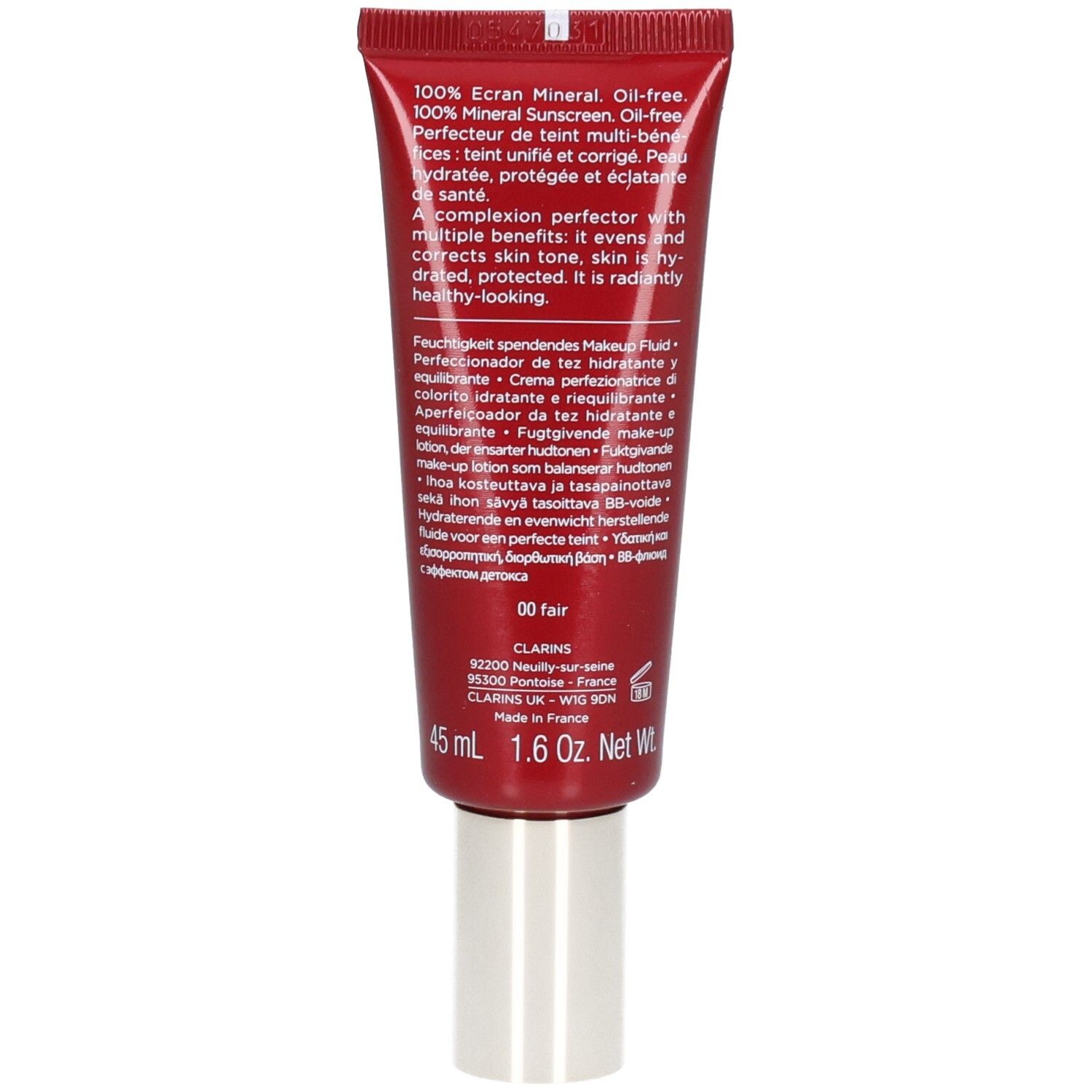 Rote Tube mit silbernem Verschluss, 45ml. Enthält Make-up-Flüssigkeit.