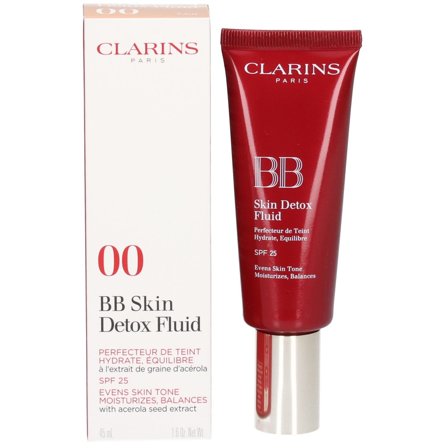 Clarins BB Skin Detox Fluid in roter Tube mit silbernem Verschluss. Kartonverpackung daneben.