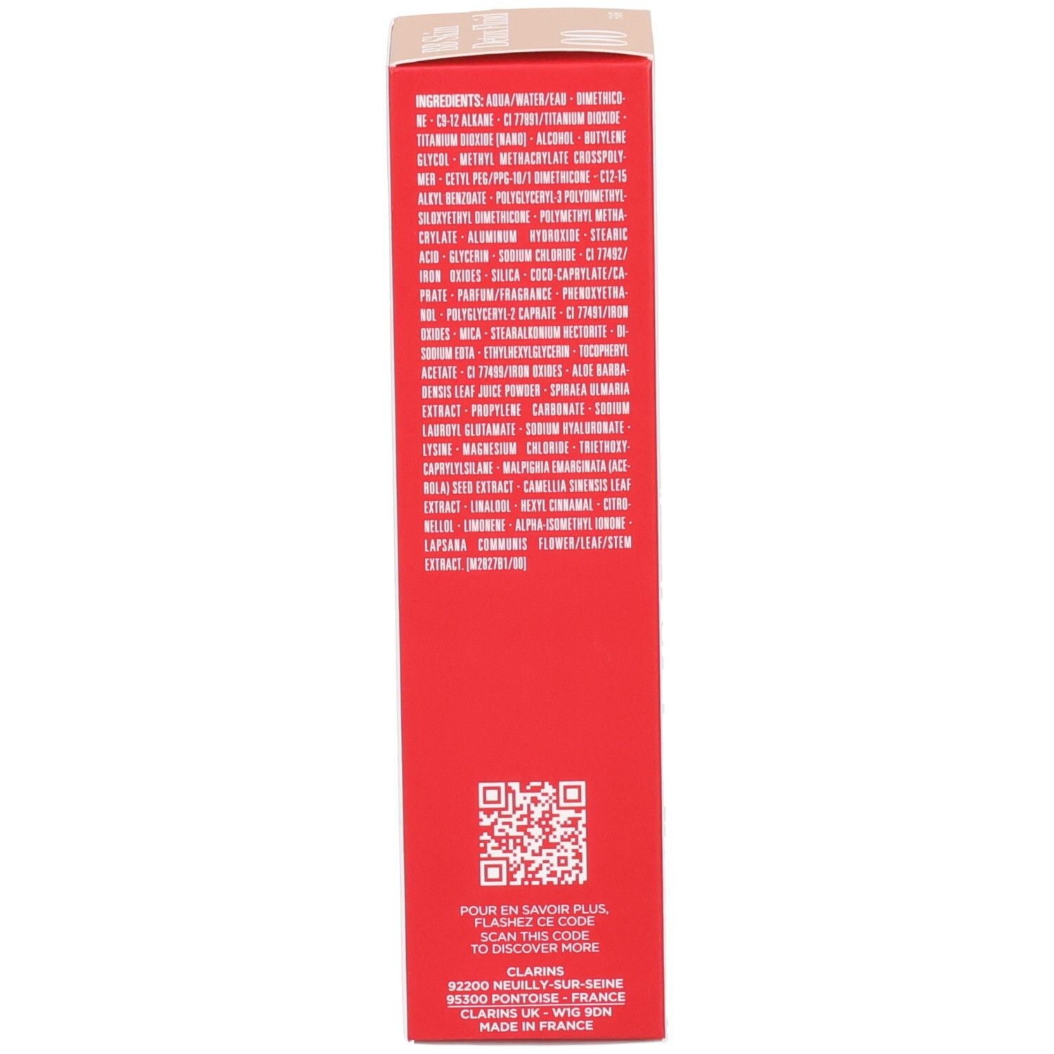 Rote Schachtel mit Inhaltsstoffliste und QR-Code. Hergestellt in Frankreich.