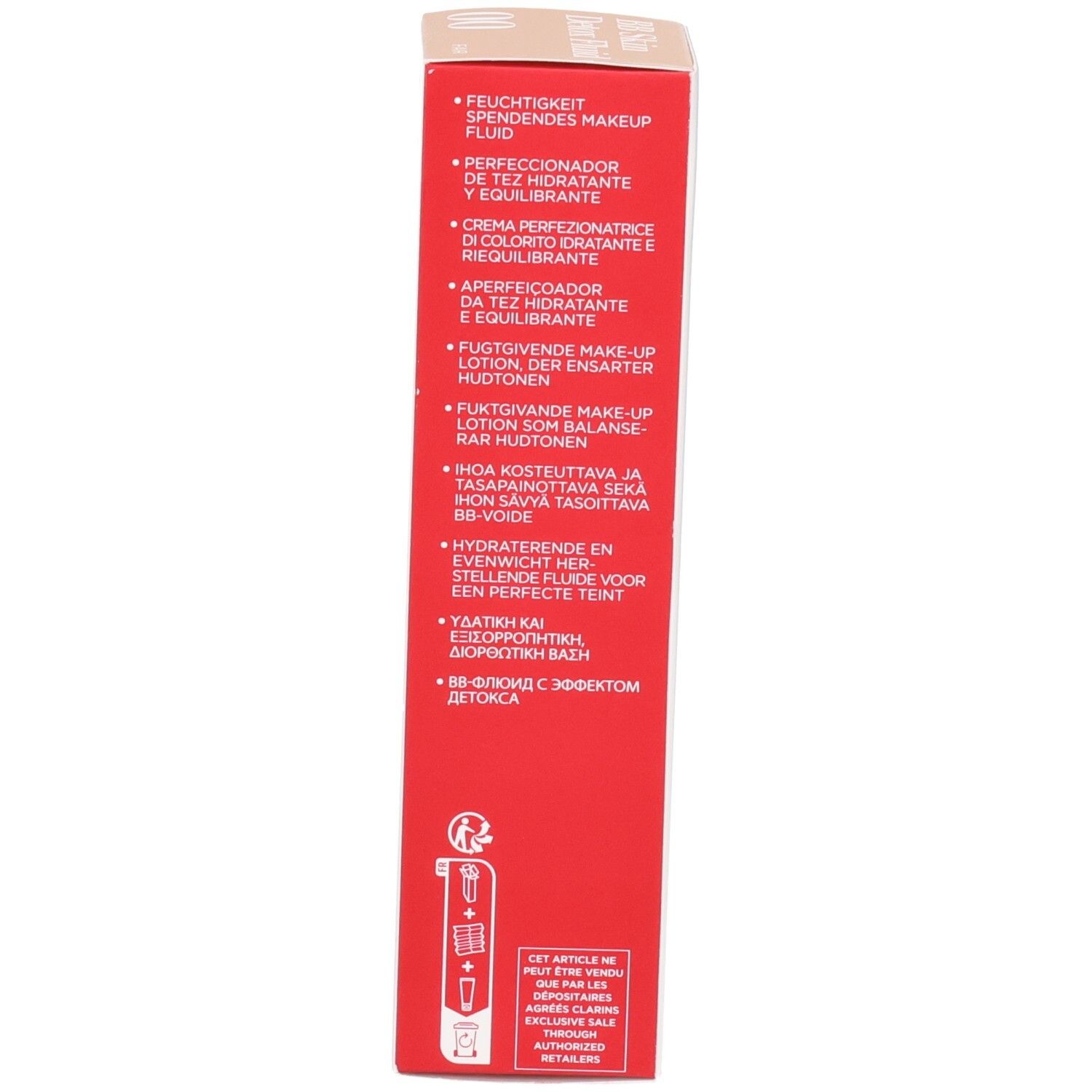Rote Verpackung mit mehrsprachigen Produktbeschreibungen und Symbolen.