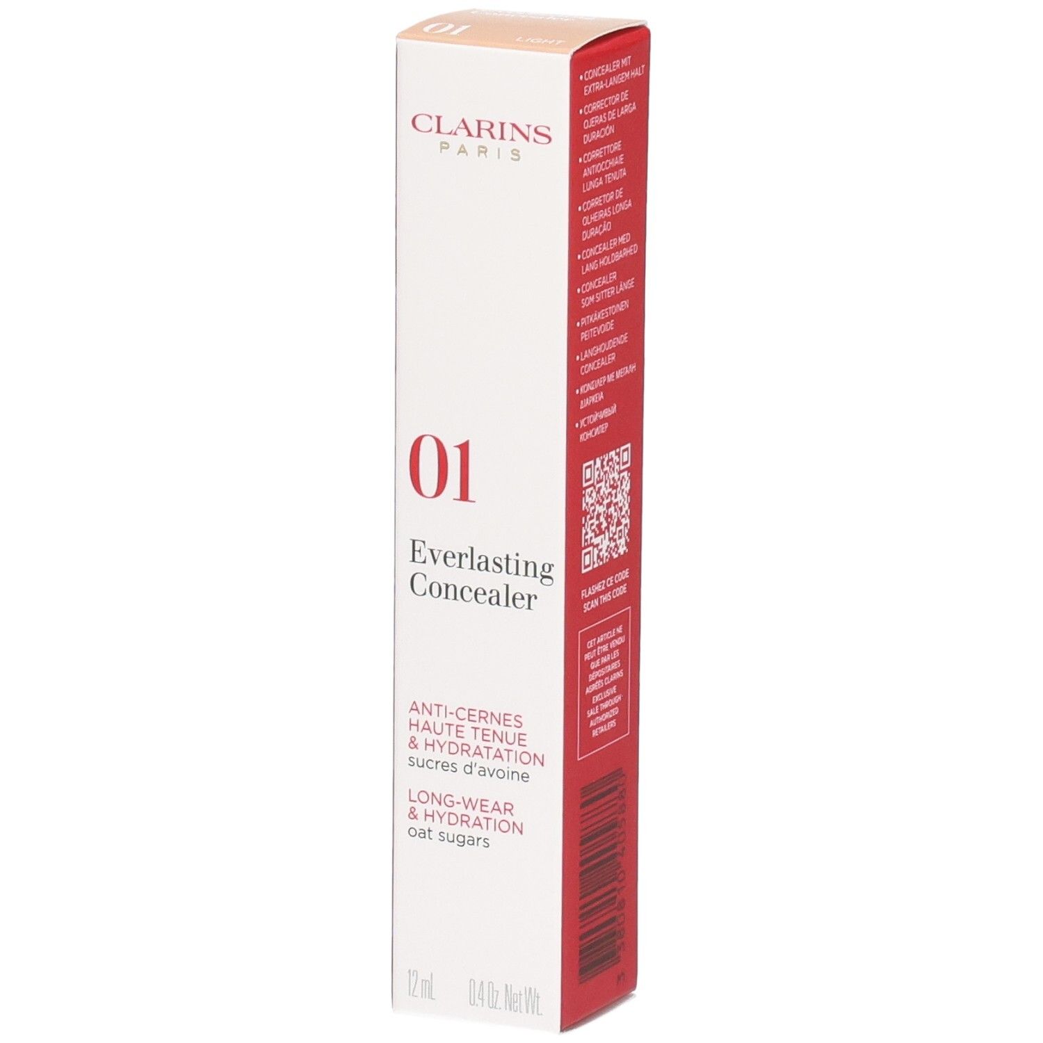 Clarins Everlasting Concealer, Farbton 01, auf Kartonverpackung.