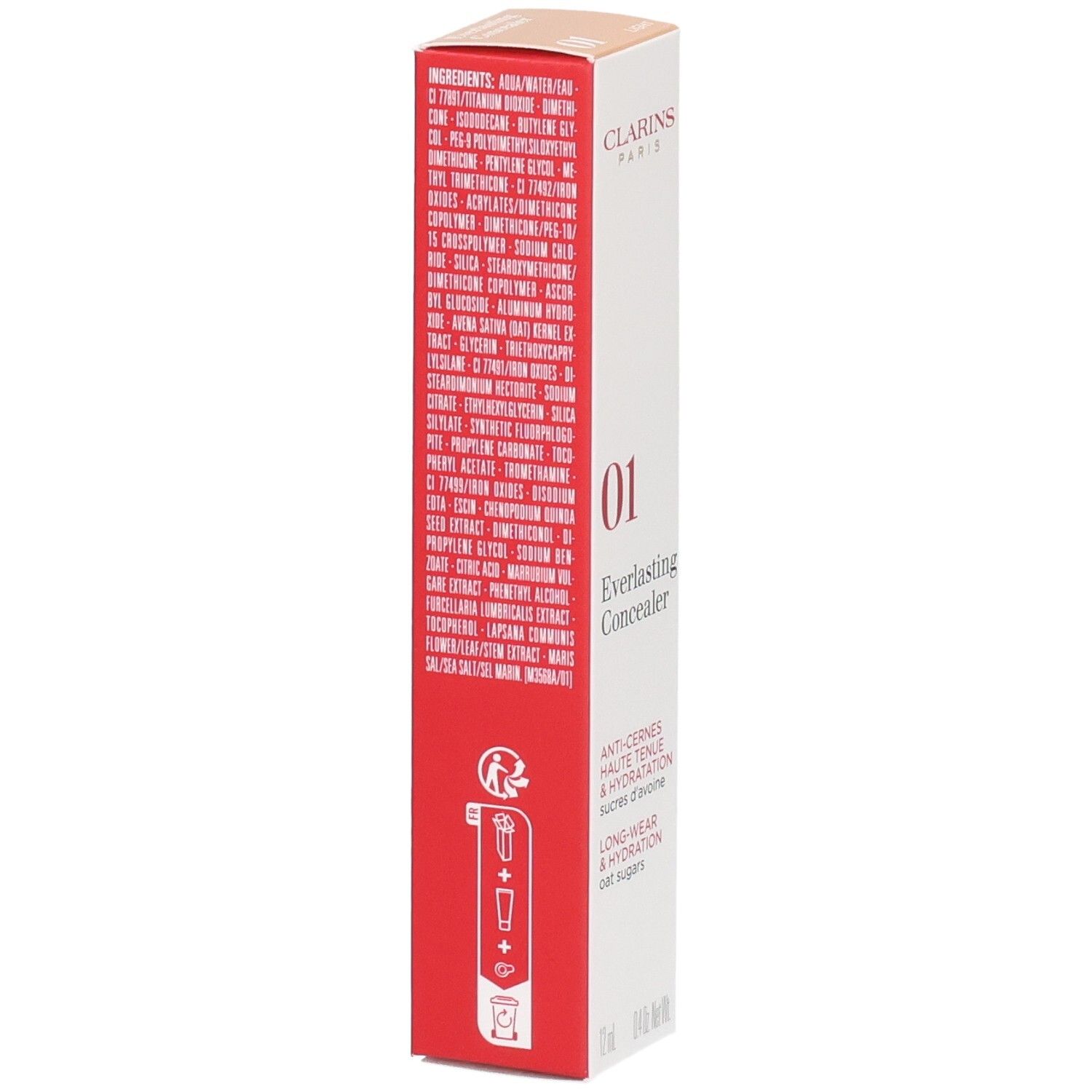 Clarins Everlasting Concealer, Farbton 01, Rückseite der Kartonverpackung mit Inhaltsstoffen.