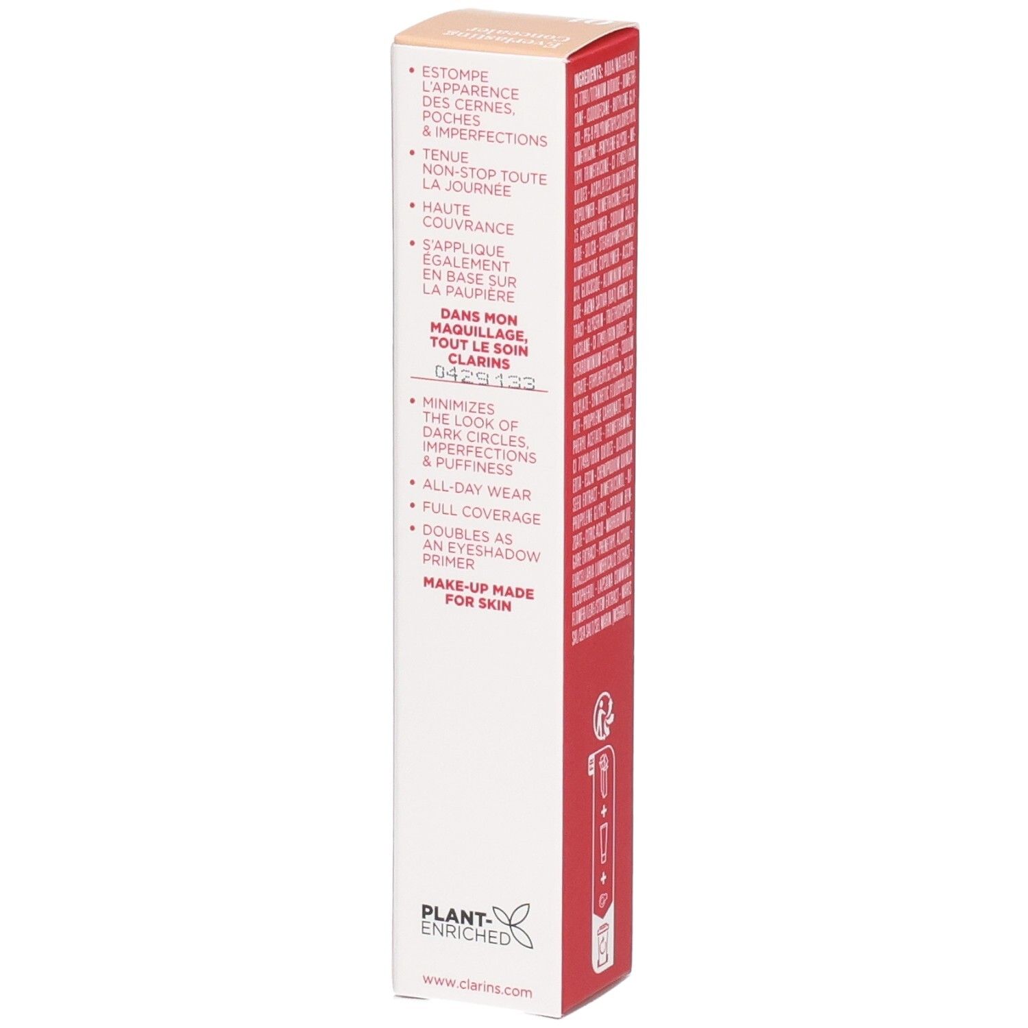 Clarins Everlasting Concealer, Farbton 01, Seite der Kartonverpackung mit Produktvorteilen.