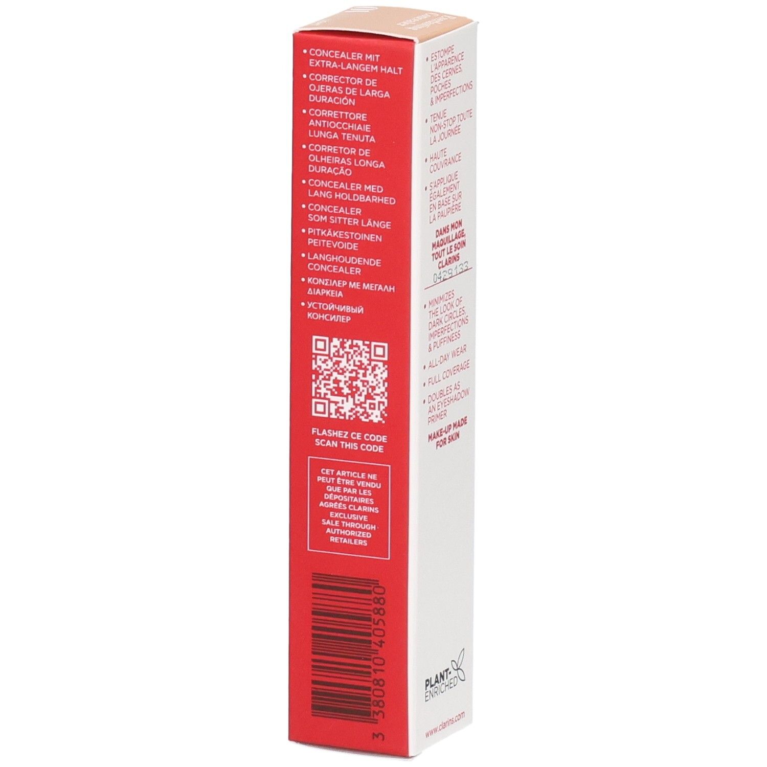Clarins Everlasting Concealer, Farbton 01, Seite der Kartonverpackung mit QR-Code und Barcode.