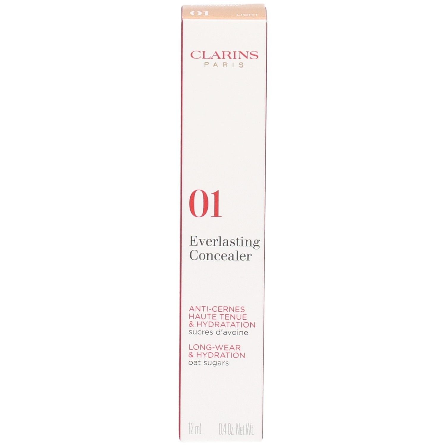Clarins Everlasting Concealer, Farbton 01, auf Kartonverpackung.