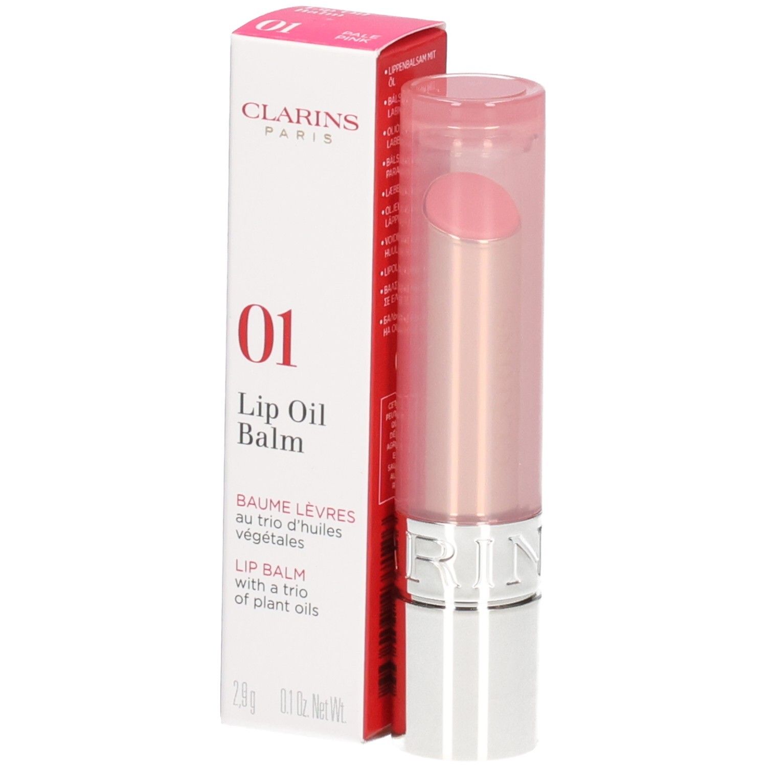 Clarins Lip Oil Balm 01 in rosa Verpackung, Lippenstift herausgedreht.