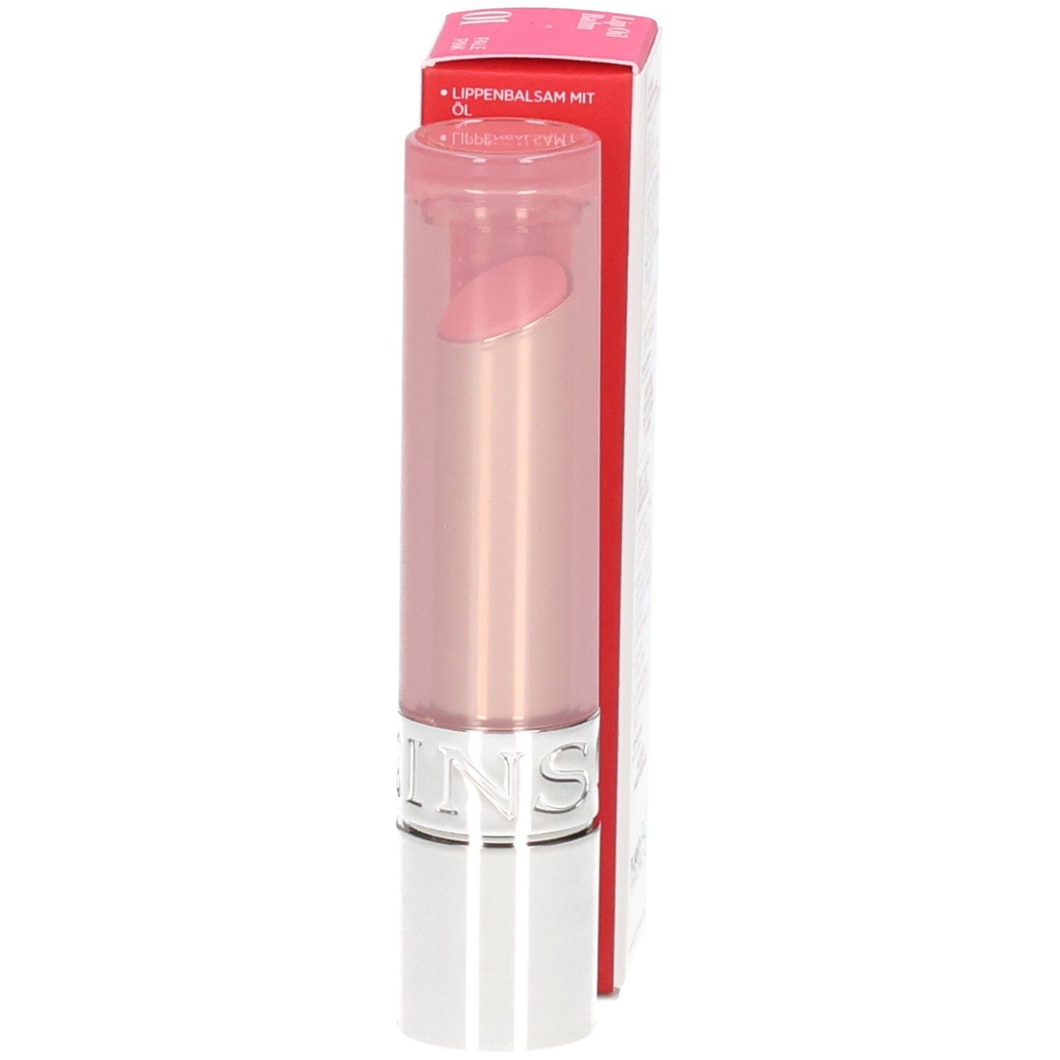 Clarins Lip Oil Balm 01, Lippenstift und Verpackung, Text auf Deutsch.