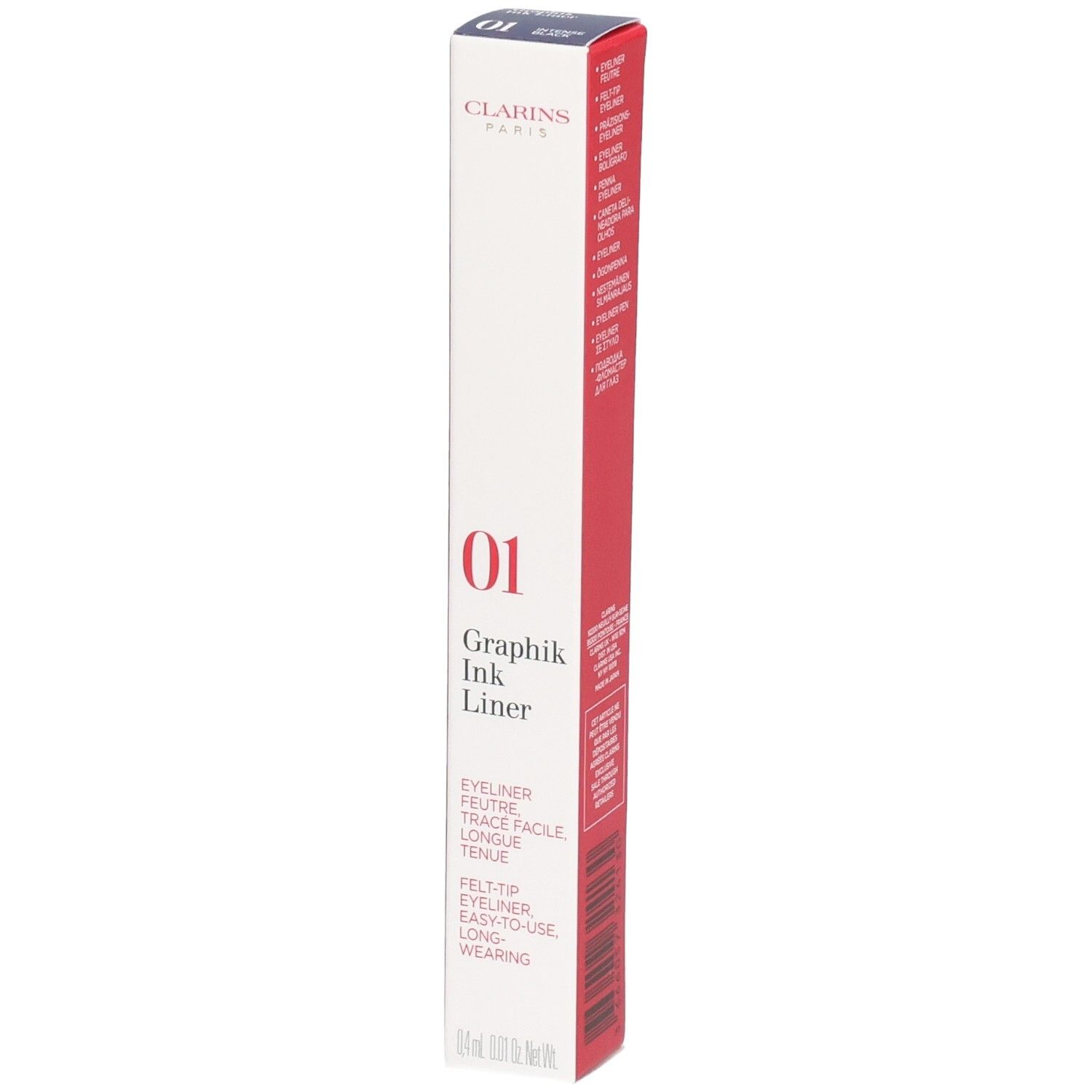 Clarins Graphik Ink Liner Verpackung, schwarz und rot, mit Produktinformationen.