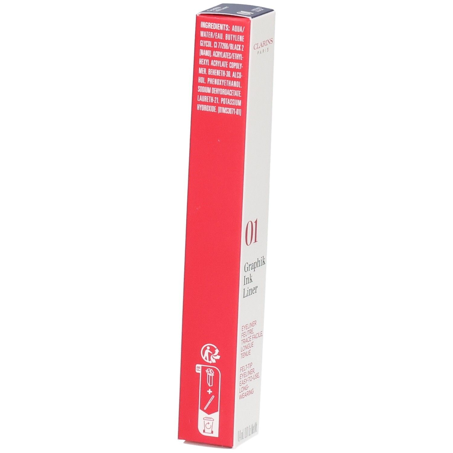 Clarins Graphik Ink Liner Verpackung, Rückseite mit Inhaltsstoffen und Anwendungshinweisen.
