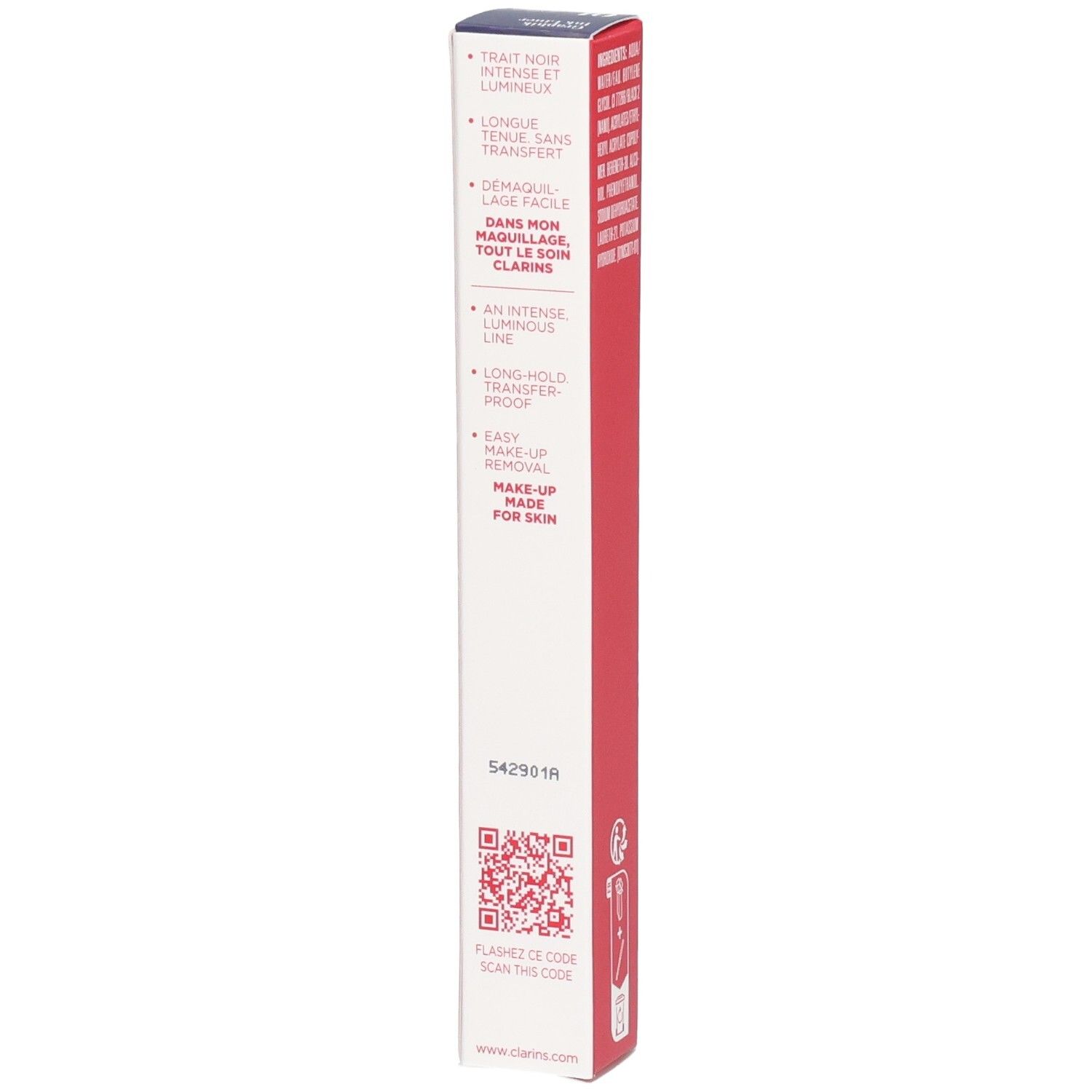Clarins Graphik Ink Liner Verpackung, Seite mit Produktvorteilen in mehreren Sprachen.