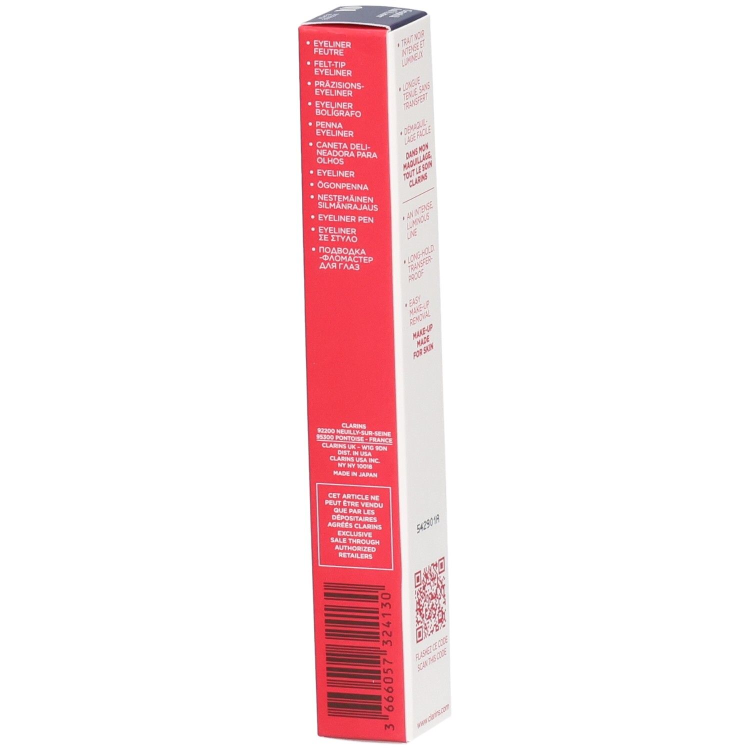 Clarins Graphik Ink Liner Verpackung, Seite mit Produktbezeichnungen in verschiedenen Sprachen.