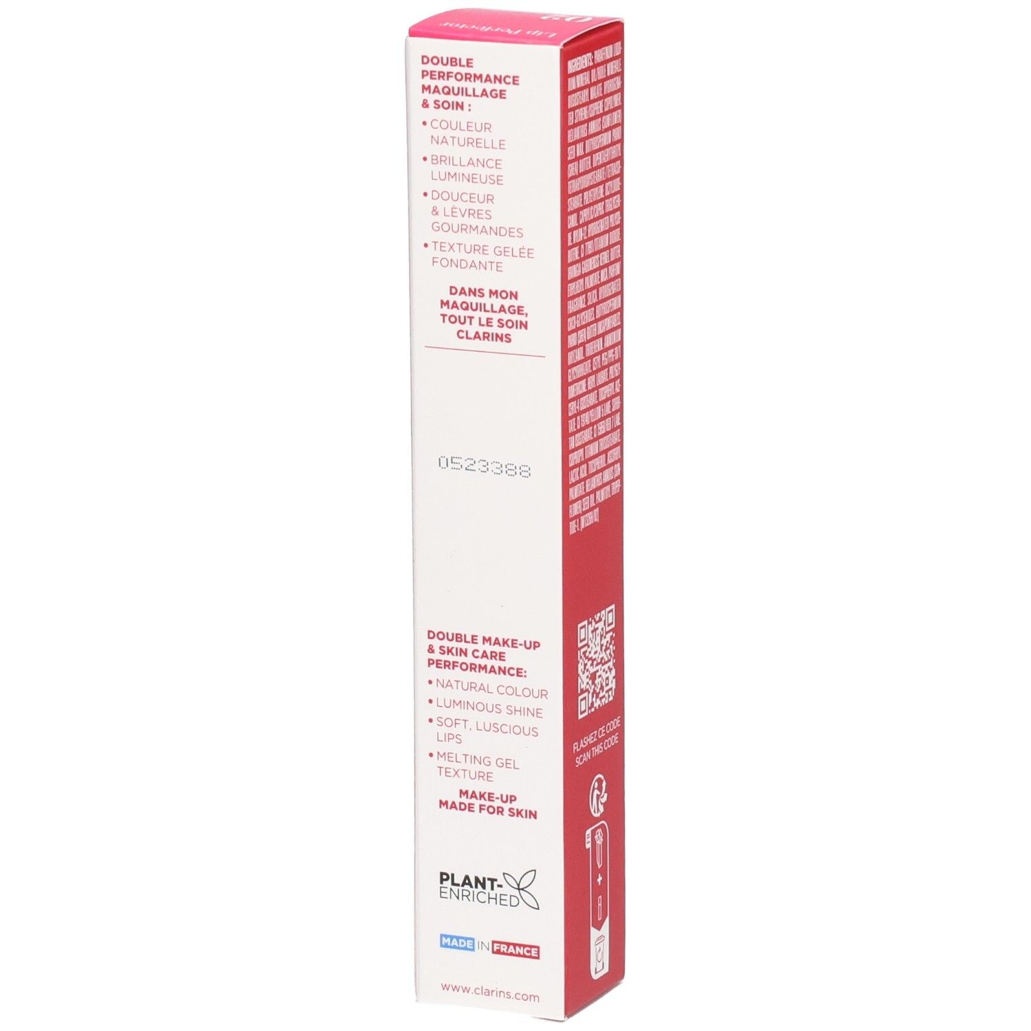 Verpackung eines Lippenprodukts von Clarins mit doppelter Leistung: Make-up und Pflege. Enthält Informationen zu Farbe, Glanz und Textur.