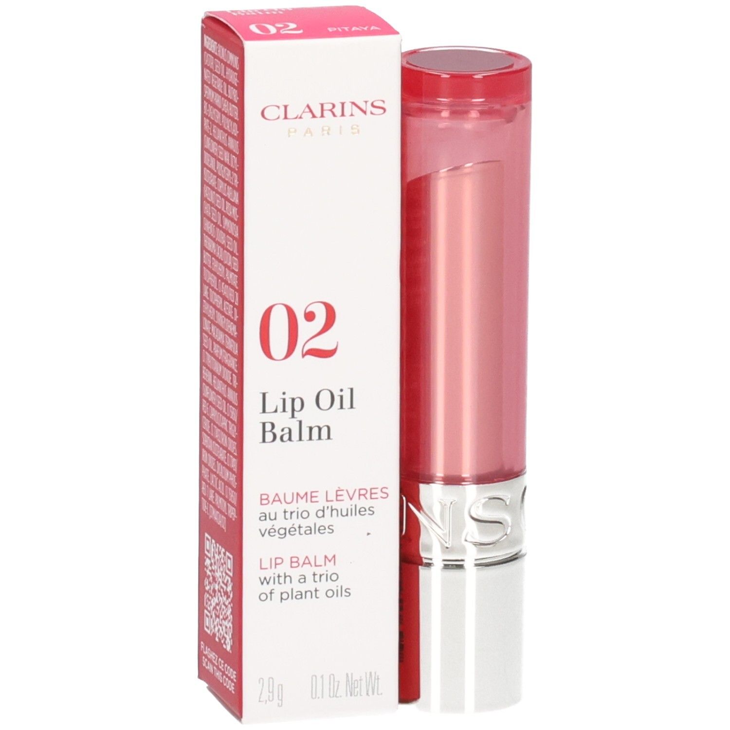 Clarins Lip Oil Balm 02 in rosa Verpackung, aufrecht stehend.