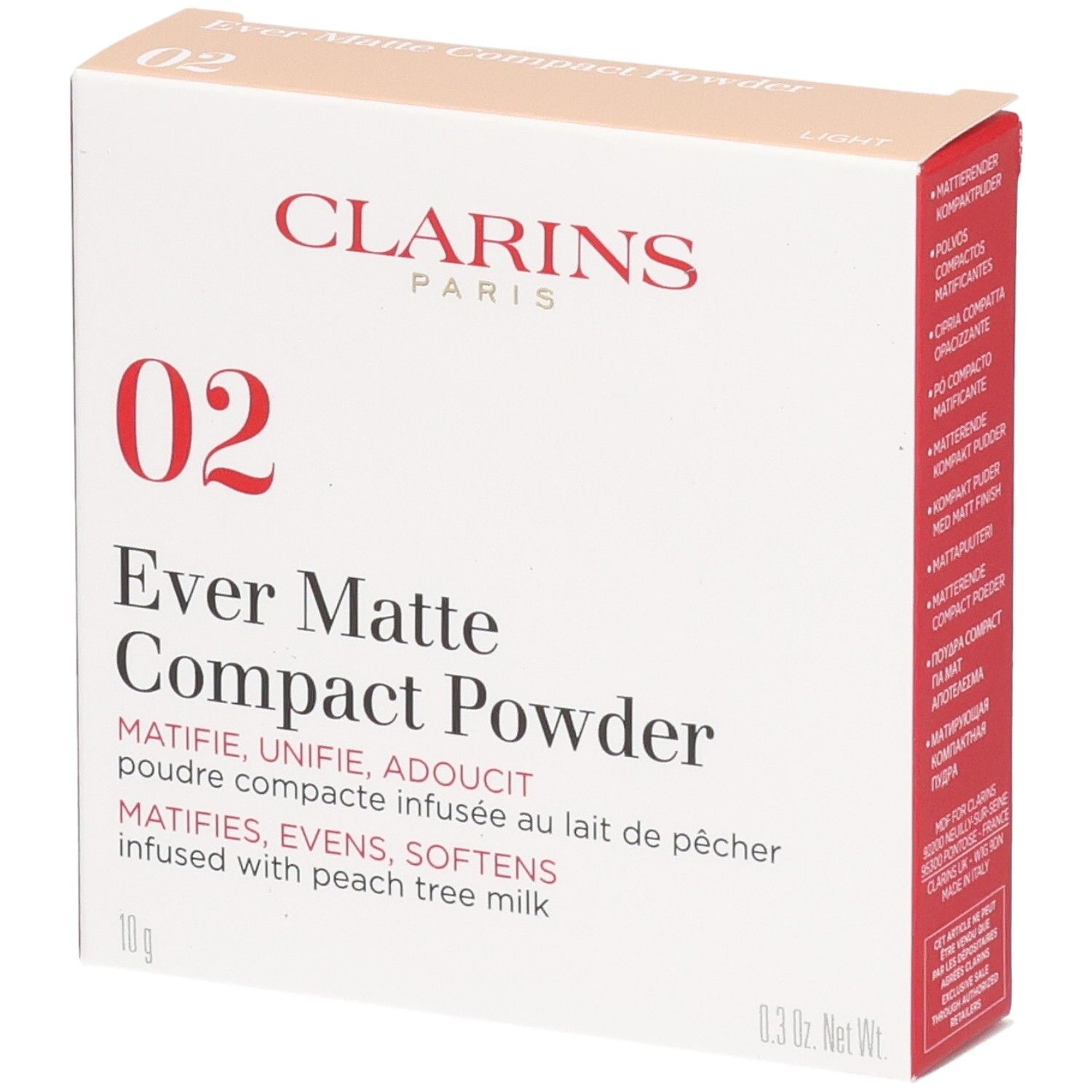Clarins Ever Matte Compact Powder 02 Light Verpackung. Mattierender Kompaktpuder mit Pfirsichbaum-Milch.