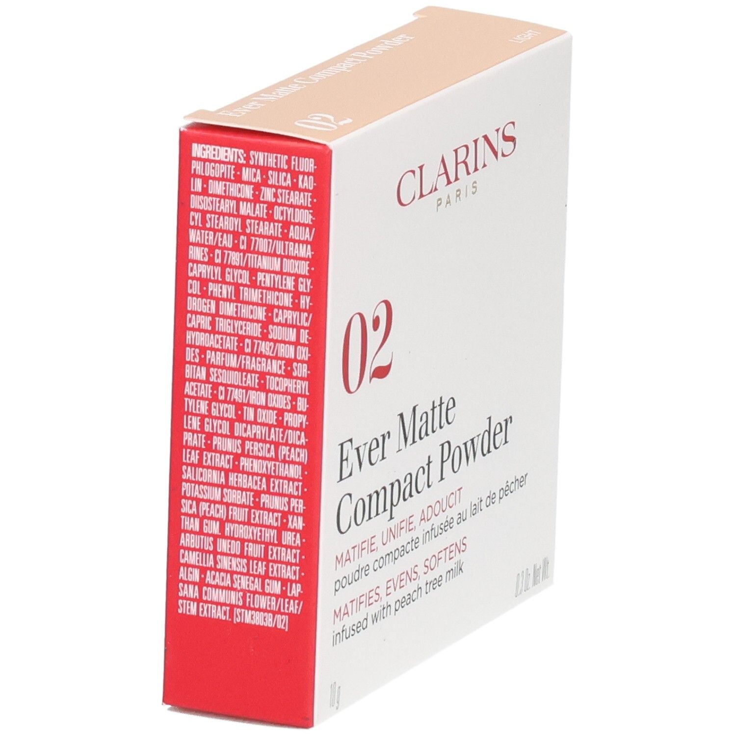 Clarins Ever Matte Compact Powder 02 Light Verpackung mit Inhaltsstoffen. Mattierender Kompaktpuder.
