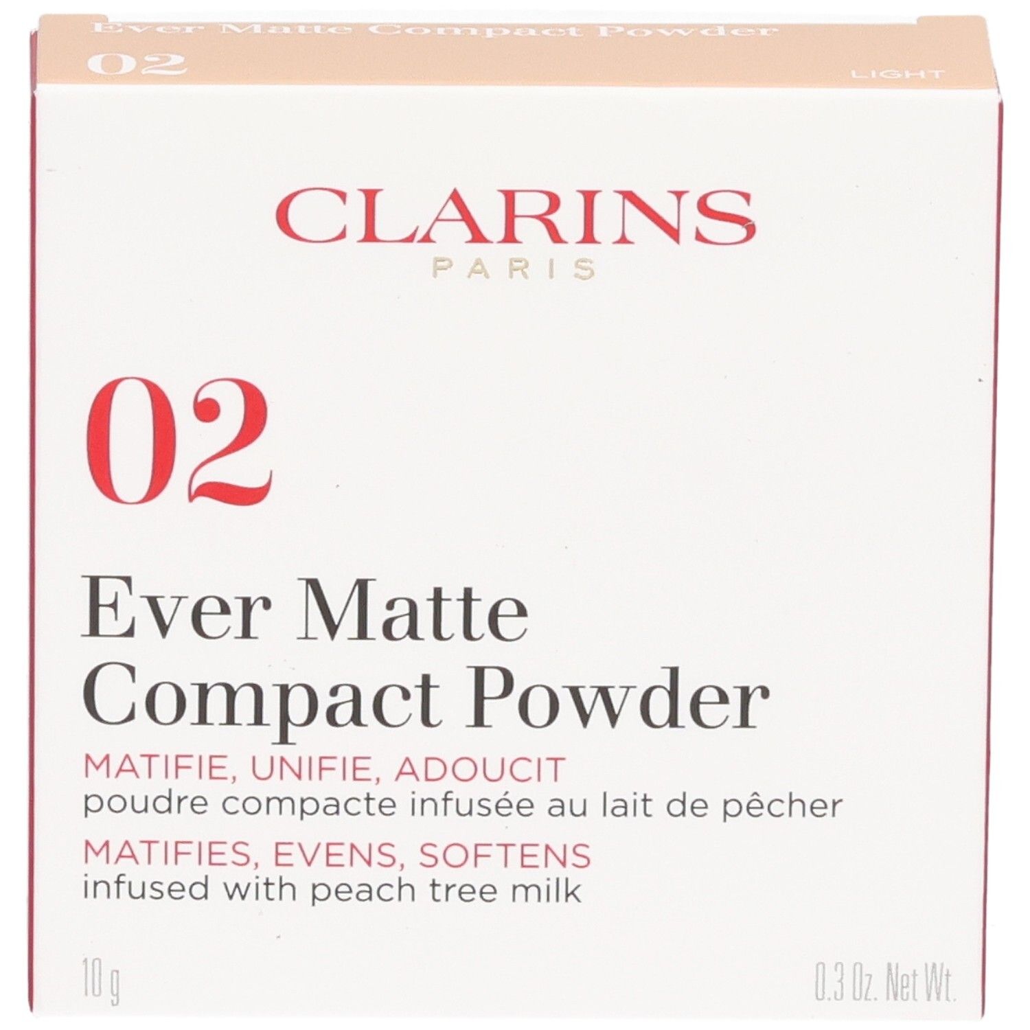 Clarins Ever Matte Compact Powder 02 Light Verpackung. Mattierender Kompaktpuder mit Pfirsichbaum-Milch.