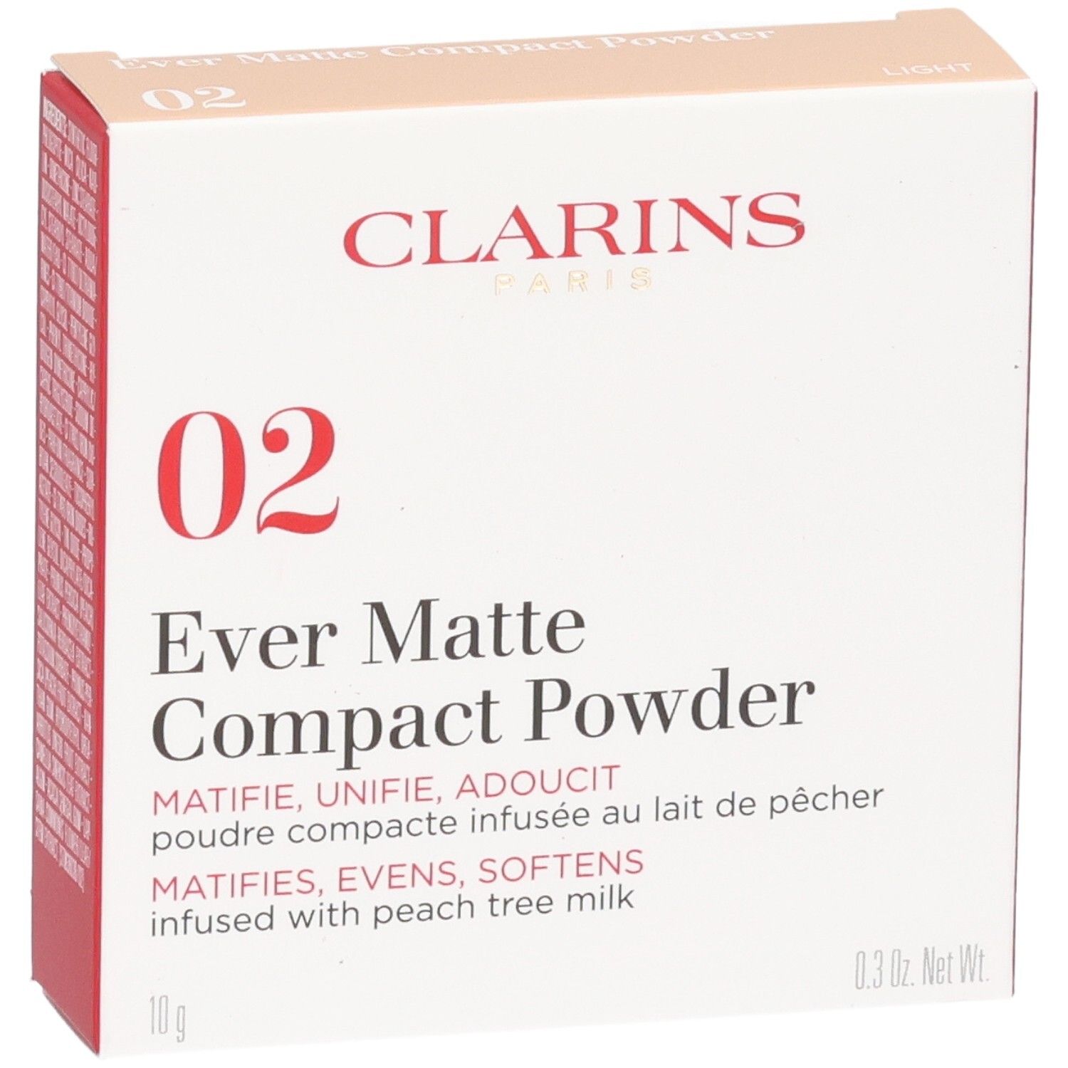 Clarins Ever Matte Compact Powder 02 Light Verpackung. Mattierender Kompaktpuder mit Pfirsichbaum-Milch.