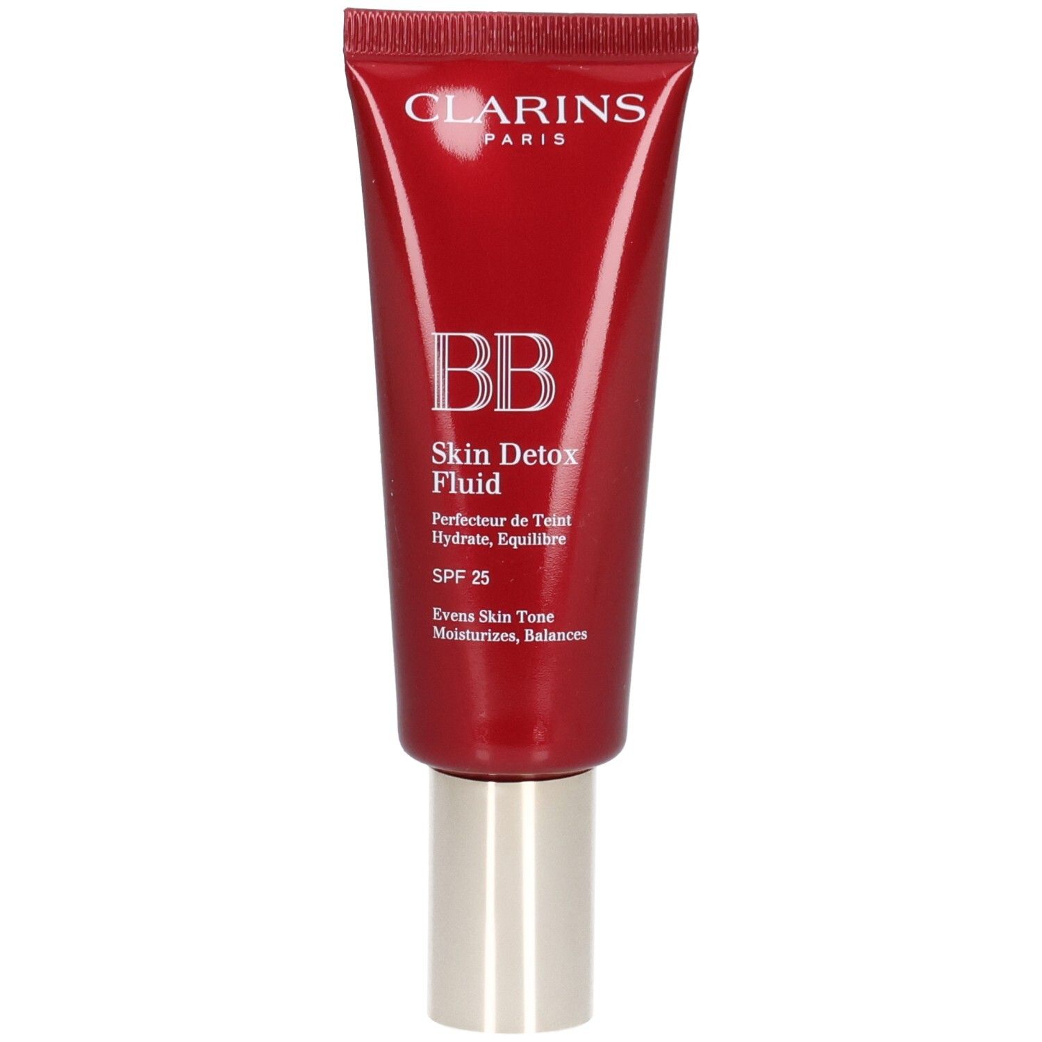 Rote Tube Clarins BB Skin Detox Fluid mit silbernem Verschluss. Enthält SPF 25.
