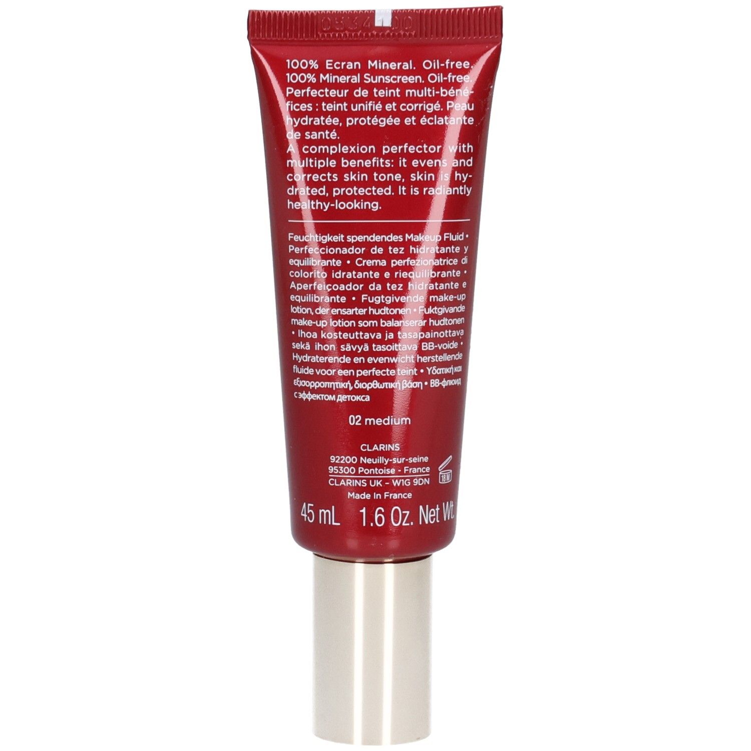 Rote Tube mit silbernem Verschluss, 45 ml. Enthält Make-up-Flüssigkeit.