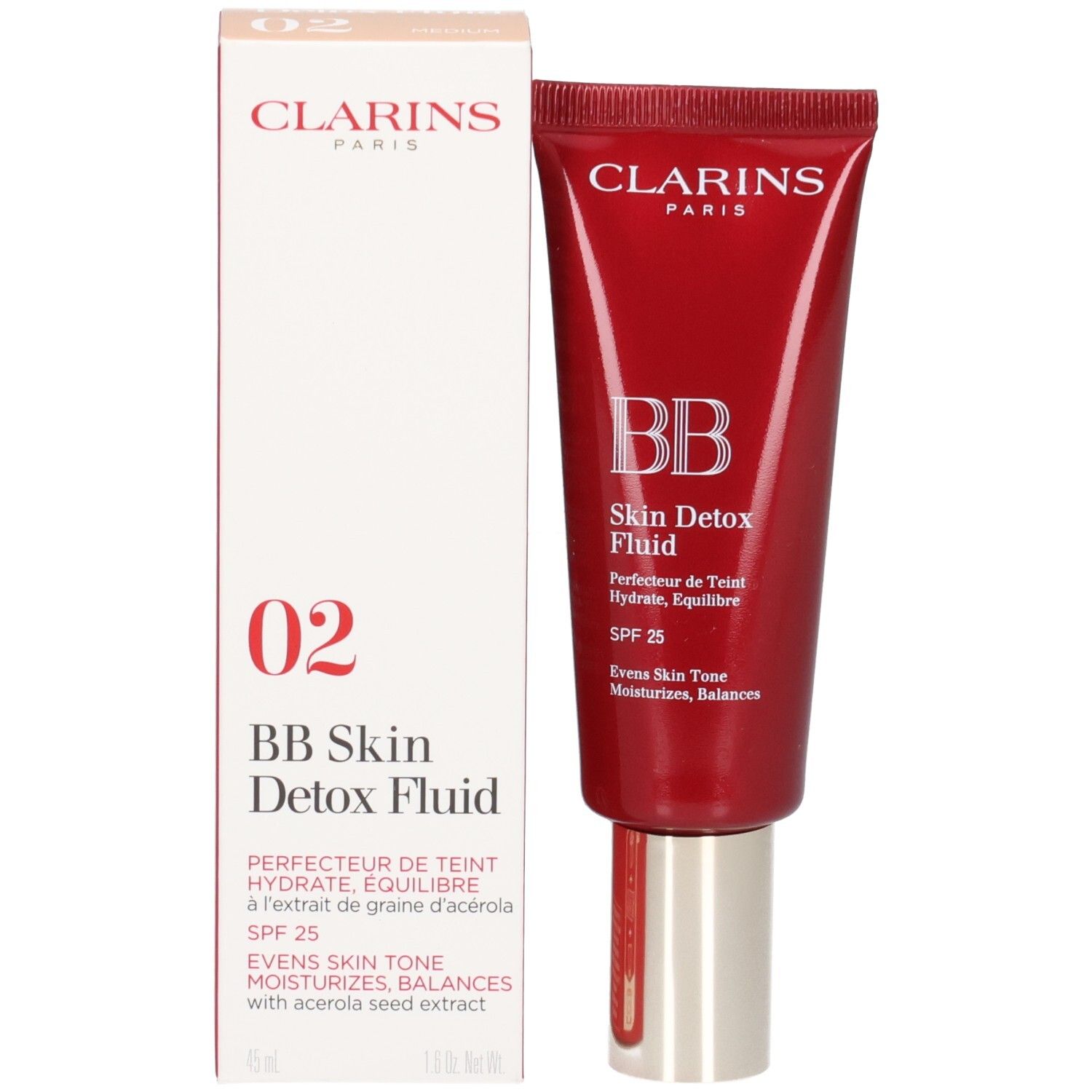 Clarins BB Skin Detox Fluid, Farbton 02, in roter Tube mit silbernem Verschluss und Faltschachtel.