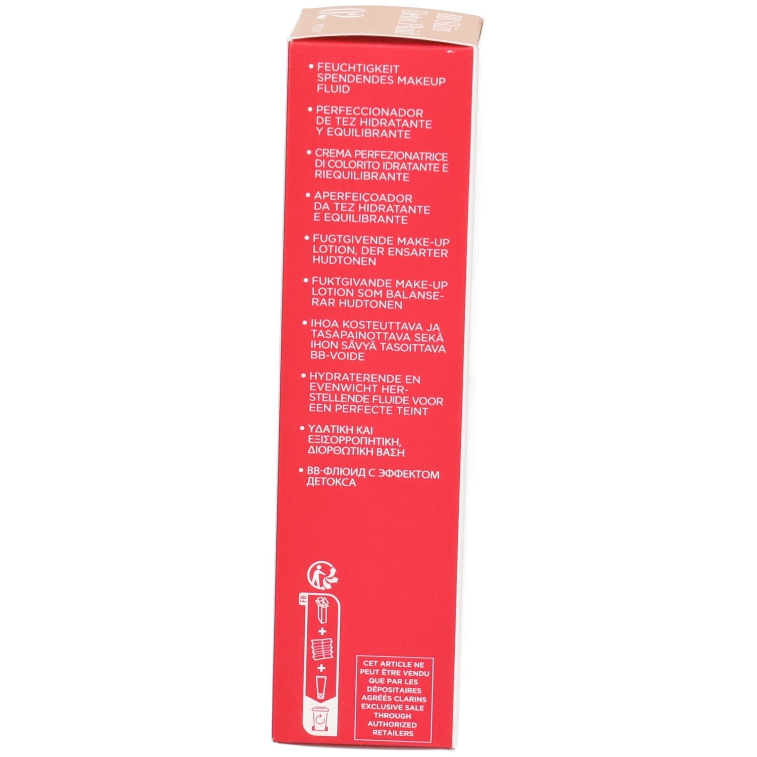 Rote Verpackung mit mehrsprachigen Produktbeschreibungen und Anwendungssymbolen.