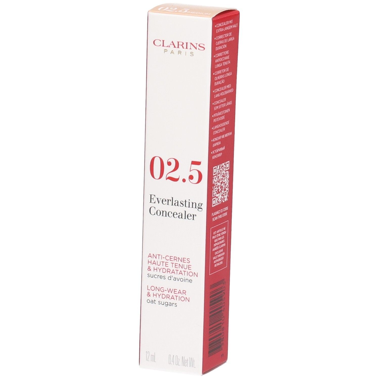 Clarins Everlasting Concealer 02.5 Medium auf einer weißen Verpackung mit roten Akzenten.