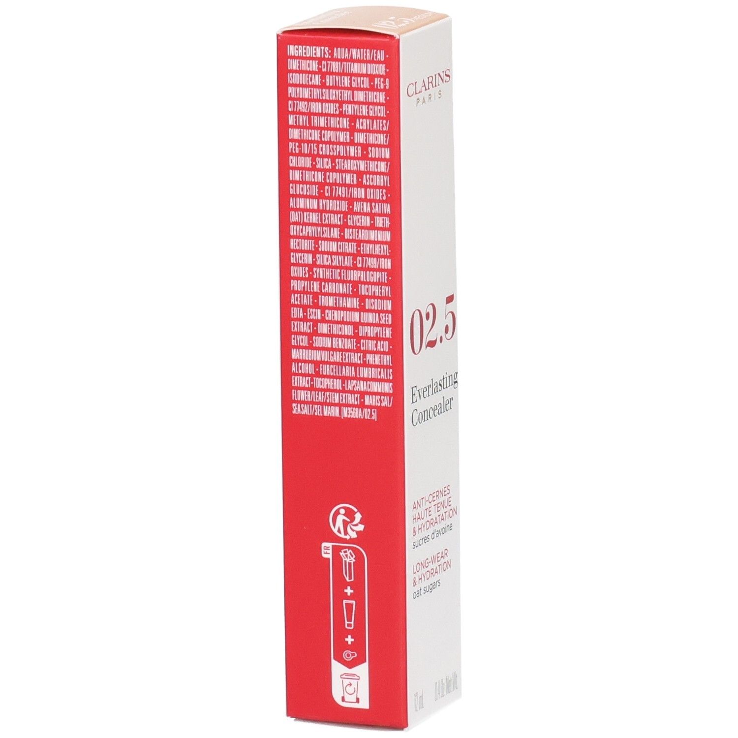 Clarins Everlasting Concealer 02.5 Medium Verpackung mit Inhaltsstoffliste und Anwendungshinweisen.