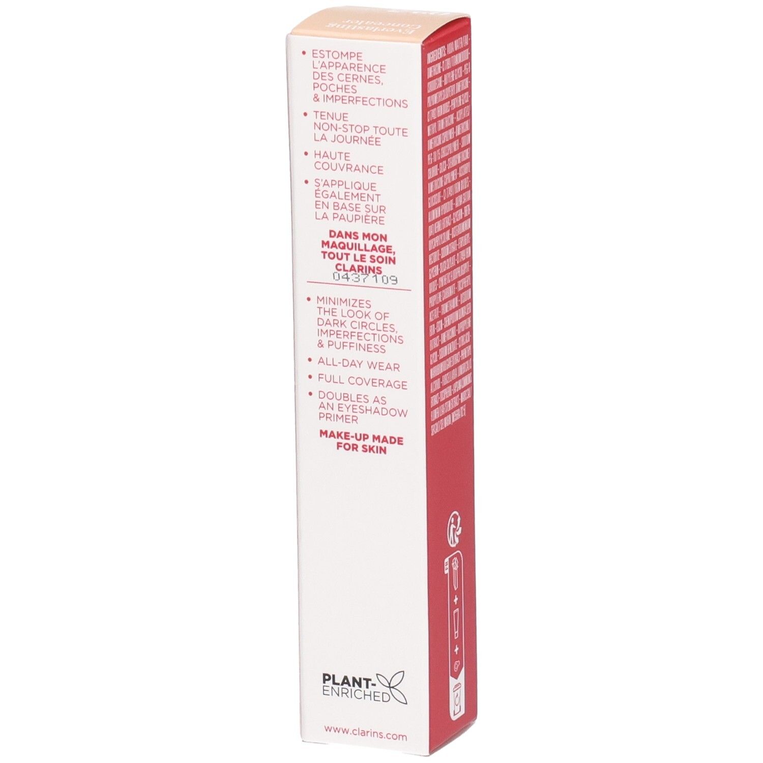 Clarins Everlasting Concealer 02.5 Medium Verpackung mit Produktvorteilen in mehreren Sprachen.