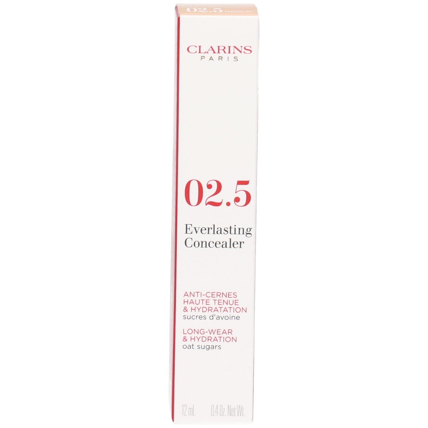 Clarins Everlasting Concealer 02.5 Medium auf weißer Verpackung mit roten Akzenten, Nahaufnahme.