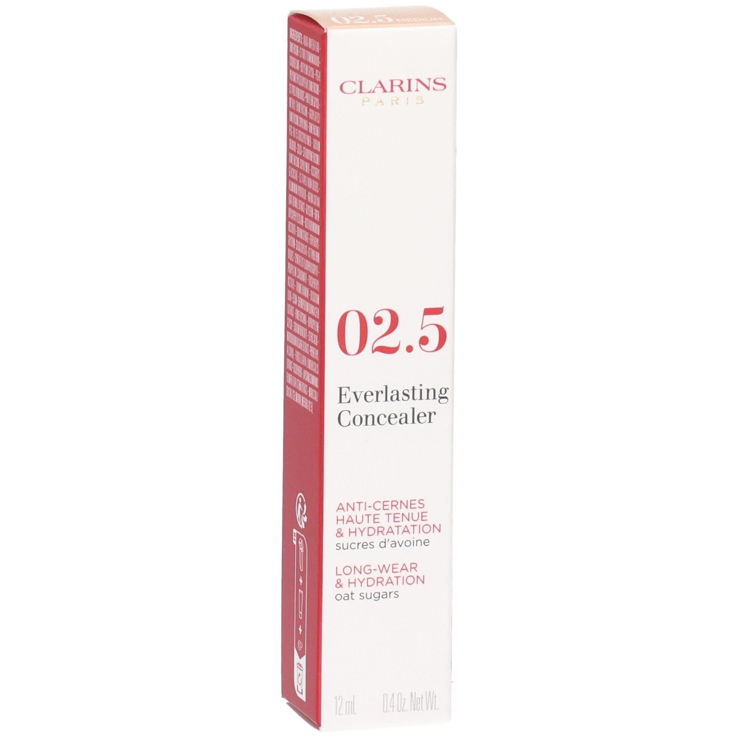 Clarins Everlasting Concealer 02.5 Medium auf weißer Verpackung mit roten Akzenten, Seitenansicht.