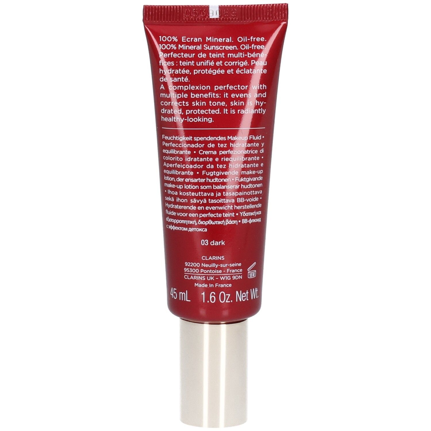 Clarins BB Skin Detox Fluid SPF25 03 Dark Tube Rückseite mit Text.