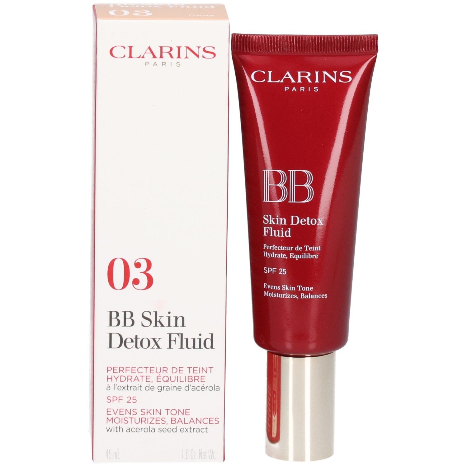 Clarins BB Skin Detox Fluid SPF25 03 Dark Tube und Karton.