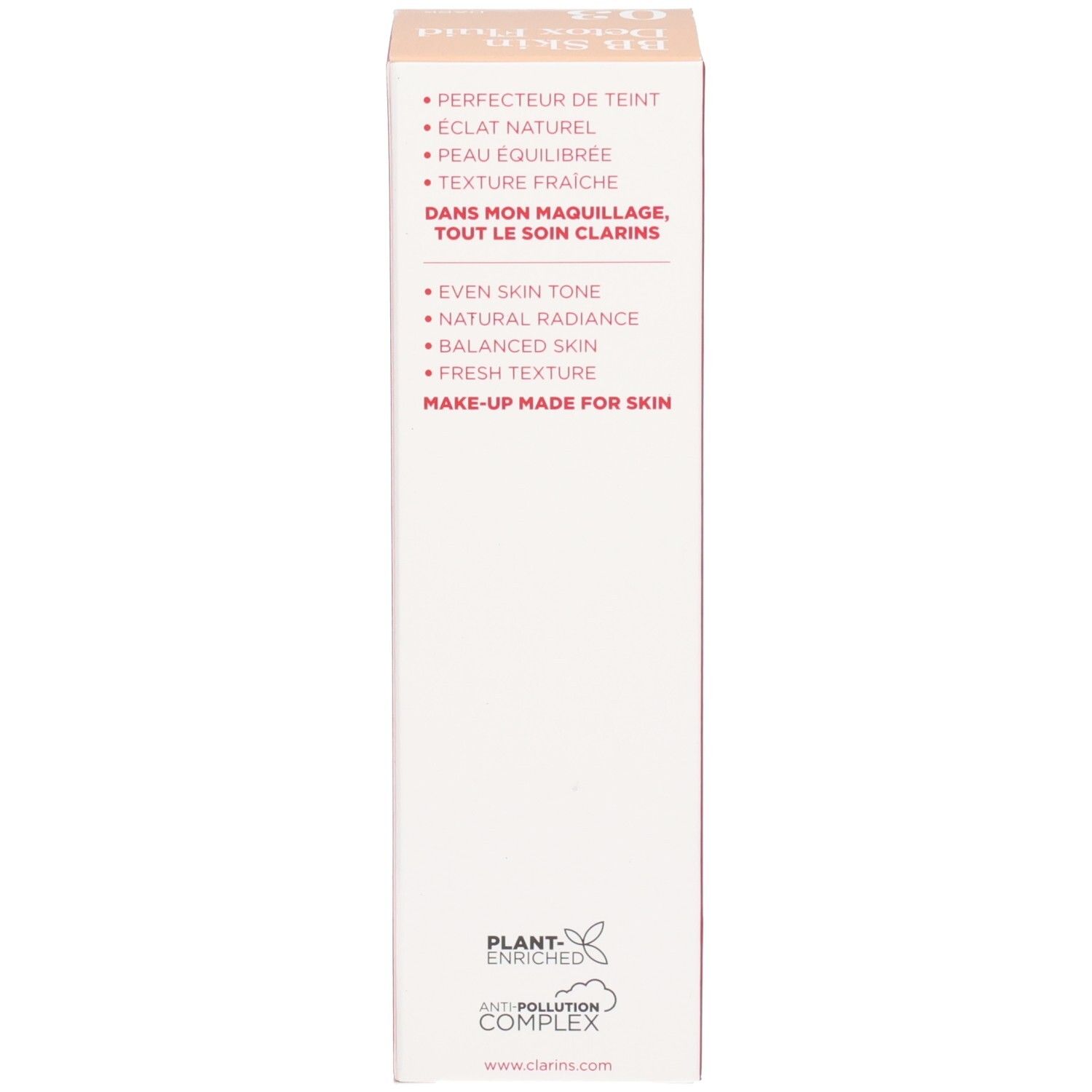 Clarins BB Skin Detox Fluid SPF25 03 Dark Karton Seite mit Text.