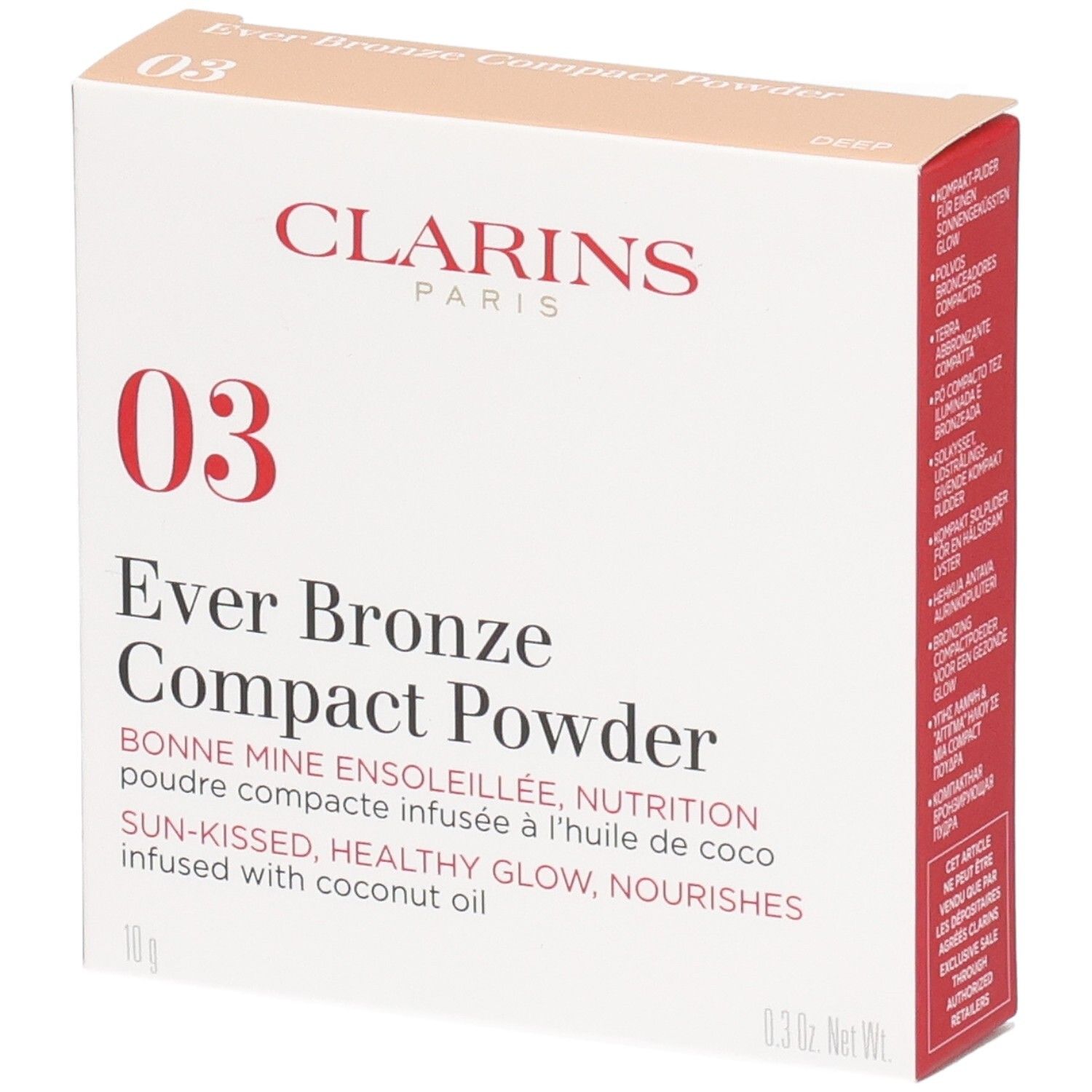 Clarins Ever Bronze Compact Powder 03 Verpackung, Vorderseite. Enthält Produktinformationen und Markenschriftzug.