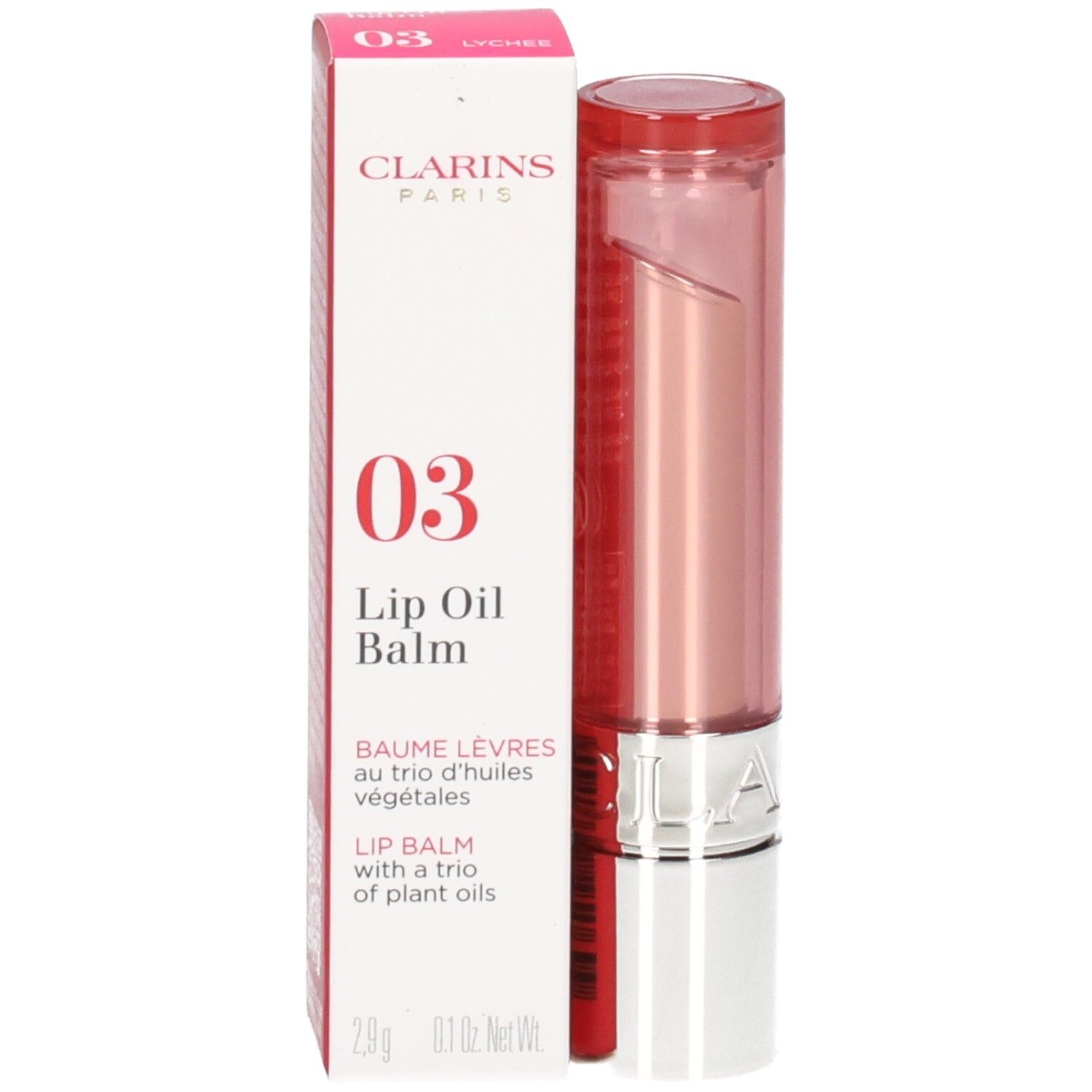Clarins Lip Oil Balm 03 in Schachtel und Stift. Rosa-farbener Lippenbalsam mit goldenem und silbernem Gehäuse.