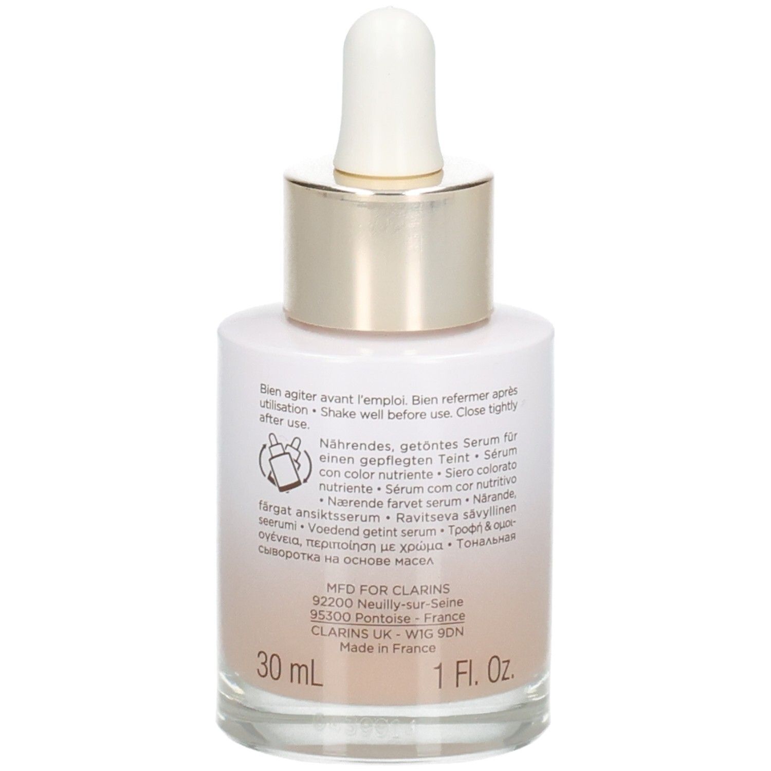 Clarins Tinted Oleo-Serum Flasche mit Pipette, Rückseite mit Anwendungshinweisen und Volumenangabe 30ml.