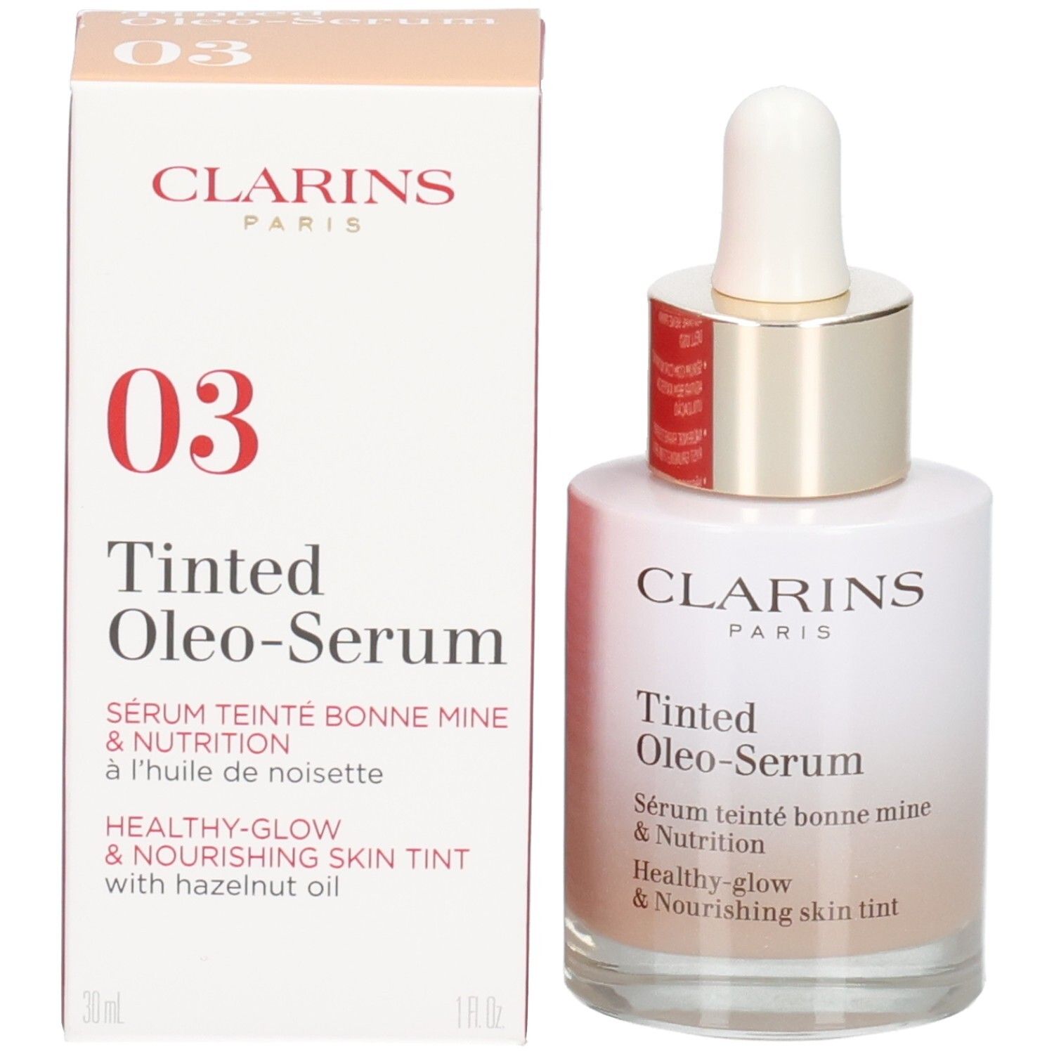 Clarins Tinted Oleo-Serum Flasche und Umverpackung, Farbe 03, 30ml.