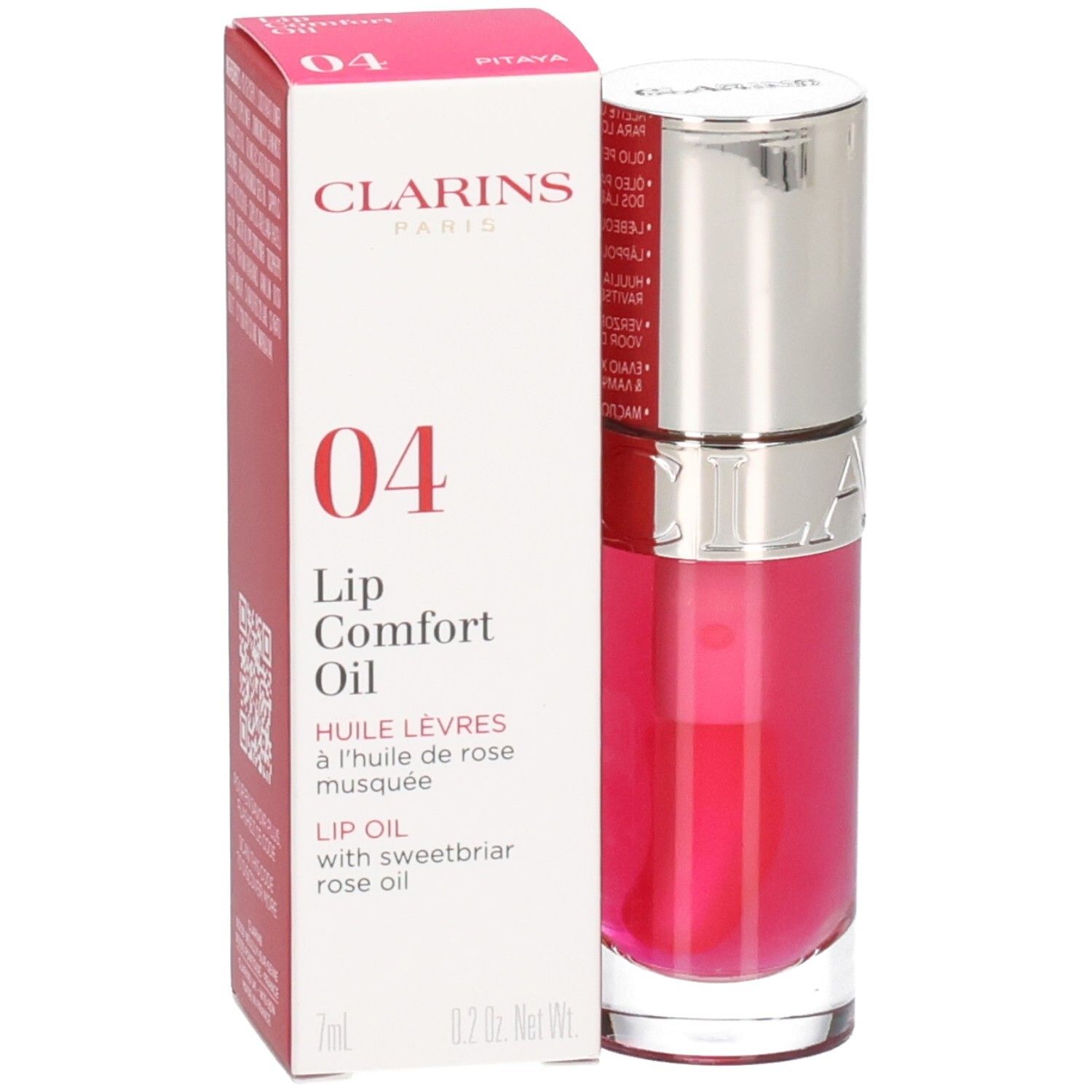 Clarins Lip Comfort Oil 04 Pitaya in Umverpackung und Fläschchen mit silbernem Deckel.