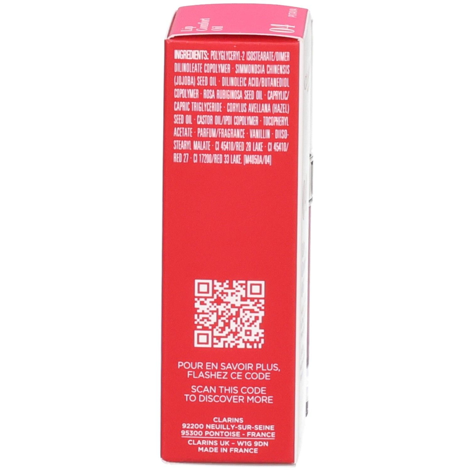 Rote Clarins-Verpackung mit Inhaltsstoffen und QR-Code.