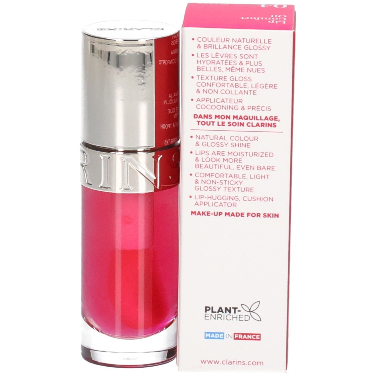 Clarins Lip Comfort Oil 04 Pitaya, Fläschchen mit silbernem Deckel und Beschreibung auf der Rückseite.
