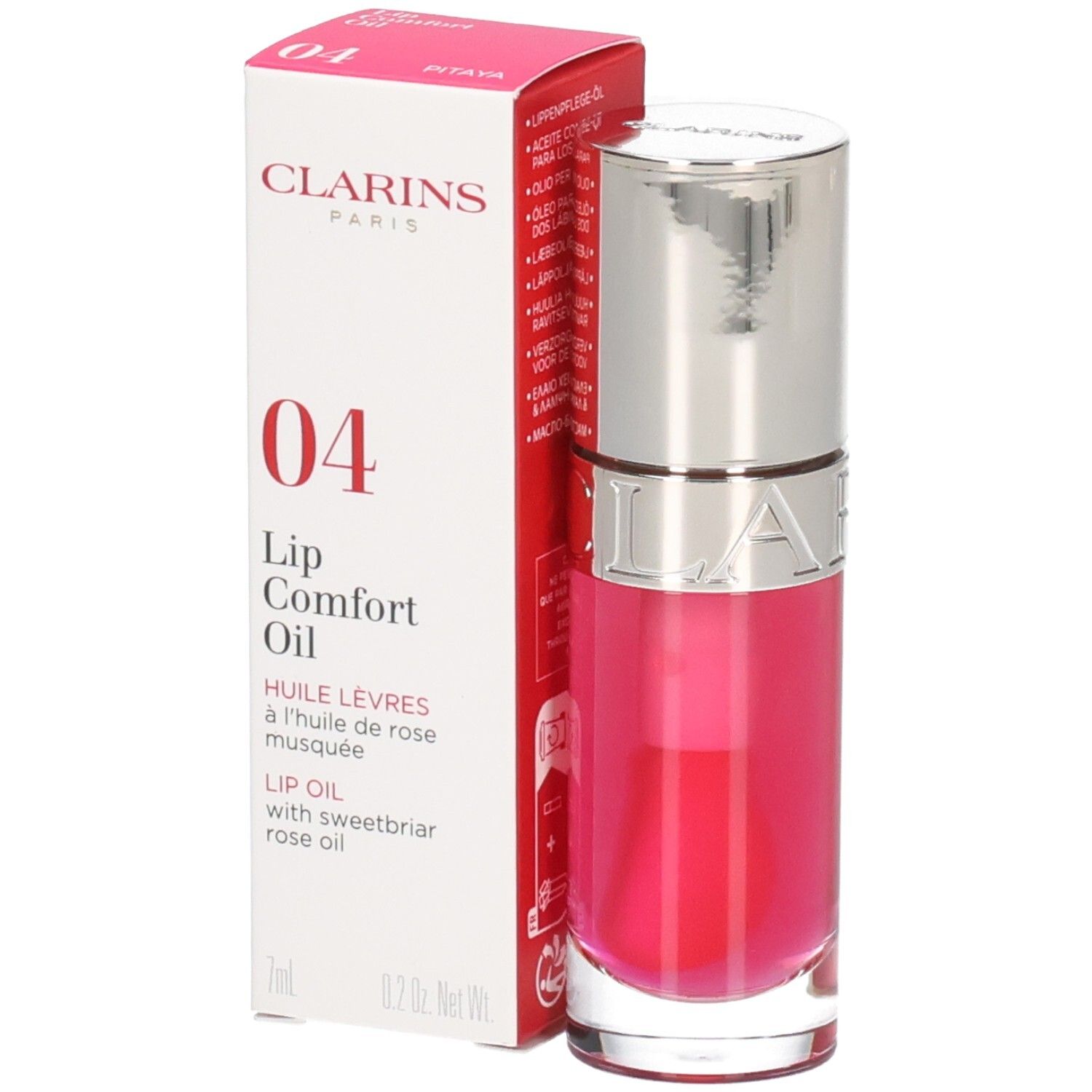 Clarins Lip Comfort Oil 04 Pitaya in Umverpackung und Fläschchen mit silbernem Deckel.
