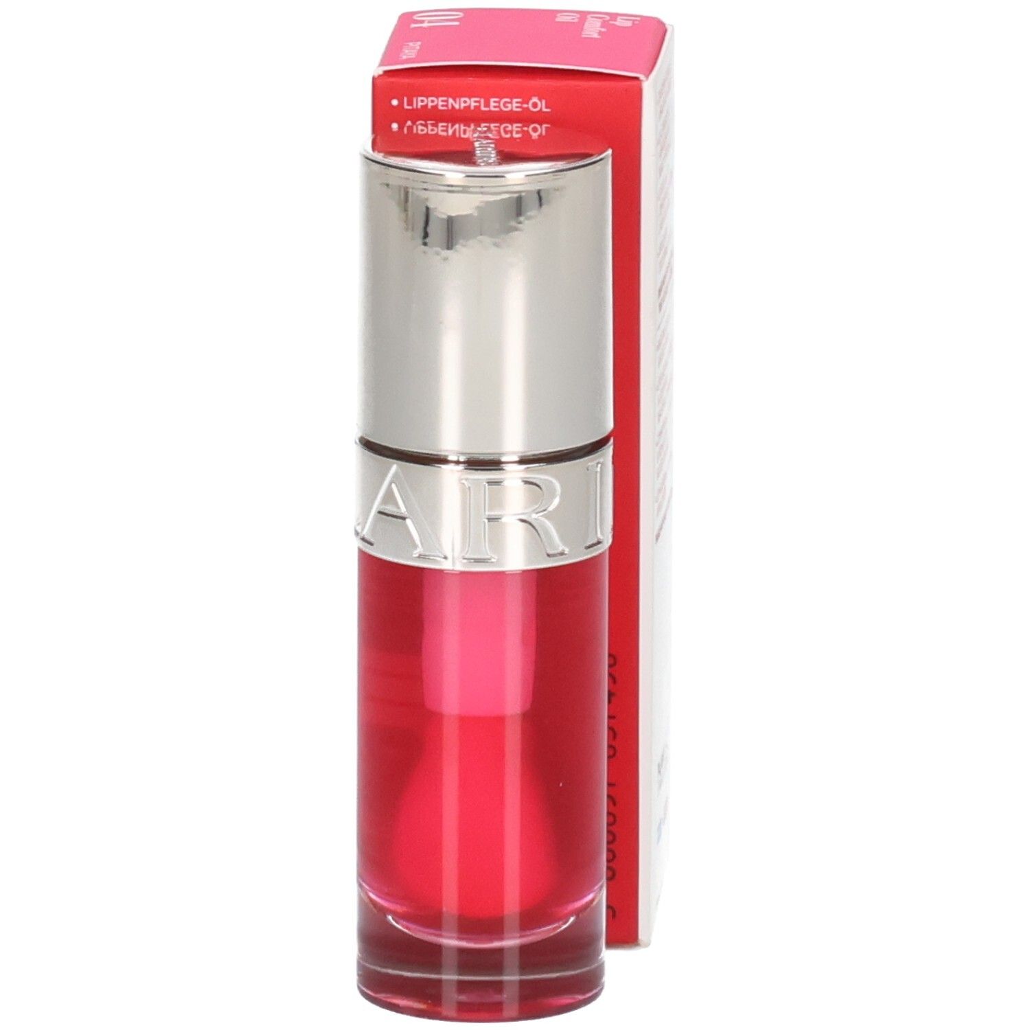 Clarins Lip Comfort Oil 04 Pitaya, Fläschchen mit silbernem Deckel und Beschreibung auf der Seite.